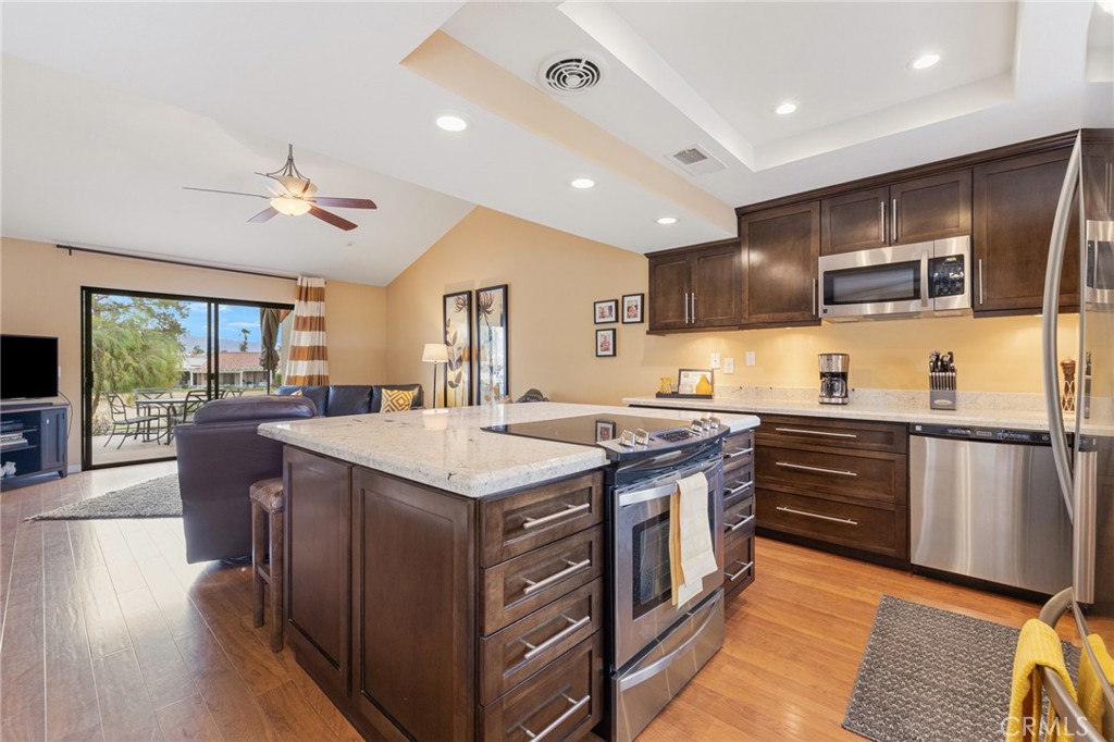 Welcome to 40514 Bay Hill, located on the 13th green behind the gates of the Palm Desert Resort Country Club. This is the PERFECT short term rental or full time home, being delivered turnkey! 'PDR' is home of the largest and best pickleball facility in the Coachella Valley featuring 28 pickleball courts and 7 tennis courts. This beautiful Olympic floor plan features a remodeled kitchen open to the family room, newer stainless appliances, laminate flooring, recessed lighting, ceiling fans, custom paint throughout, upscale designer furnishings, remodeled bathrooms, and a spectacular view of the golf course. The extended patio is perfect for al dente dining, and BBQs with friends & family. Location is prime with a pool close by and a short distance to the clubhouse, pickleball & tennis. 'PDR' is known for its social and resort living where you don't have to start your car for days. With 20 pools & spas, 28 pickleball courts, 7 tennis courts, clubhouse, cafe, pro-shop, boccee ball & more. It's the perfect resort life. PDR does allow short term rentals. The community is close to Indian Wells Tennis Gardens, Polo fields, El Paseo's fine dining and shopping, Acrisure Arena and the Coachella concerts.