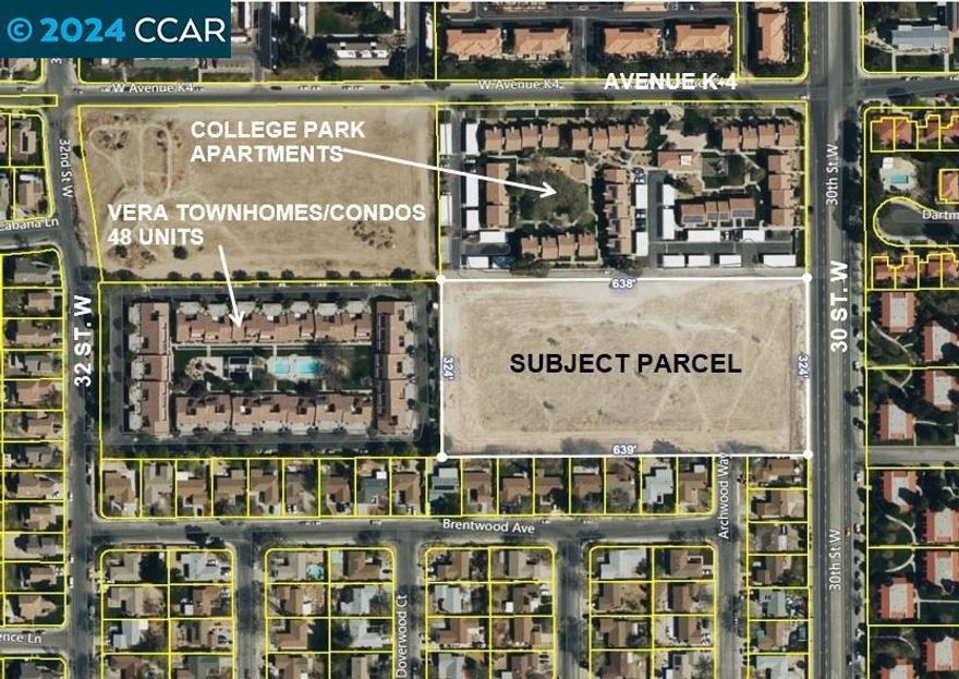 This 4.72 acres - APN# 3112-001-014 - offers the hard-to-find ''Moderate Density Residential'' zoning that may allow up to 30 units or more per acre. Parcel sits on paved frontage with all utilities available in the street. Surrounding area is all built into Apartment, Townhomes, Senior Living Facilities and Single Family homes. This location is within walking distance of Antelope Valley College and is also very close to Antelope Valley Hospital and Kaiser Permanente with excellent access to Highway 14. All information herein was obtained from sources deemed reliable. However, the accuracy of the information provided has not been verified and is provided without any implied or expressed warranty of accuracy by Sellers or their Listing Broker. Buyer is strongly advised to verify accuracy of all the information and confirm parcel's size, zoning, availability of any and all utilities and parcel's suitability for Buyer's intended use. (Latitude/Longitude - 34.669792°/-118.184781°).