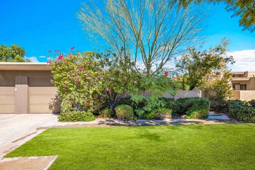 TRUST SALE!  No court approvals needed. Centrally located in the heart of Palm Springs, The Rose Garden is defined by mid-century modern architecture in a resort-style setting.  Designed by world renowned mid-century architect, Donald Wexler this low building density complex sits on 14 well manicured acres in the heart of Palm Springs. Amenities include 2 pools, 3 spas, tennis and pickle ball courts. The complex is pet friendly and close to downtown Palm Springs with restaurants, shopping and nightlife.  Private entry courtyard leads into this 2BR/2BA unit with tons of natural light, an open plan and bedrooms on opposite sides of the living area offering great separation and privacy. Unit is mainly in original condition and is priced accordingly. Single attached garage. Land lease has been extended to 2077 and is approx $3,258 per year. HOA monthly fee of $640. includes building, grounds and pool/spa maintenance, cable tv, insurance & private nighttime security. Newer Lennox HVAC & Maytag water heater.  Property is sold in ''As-Is'' condition.  No repairs or credits.