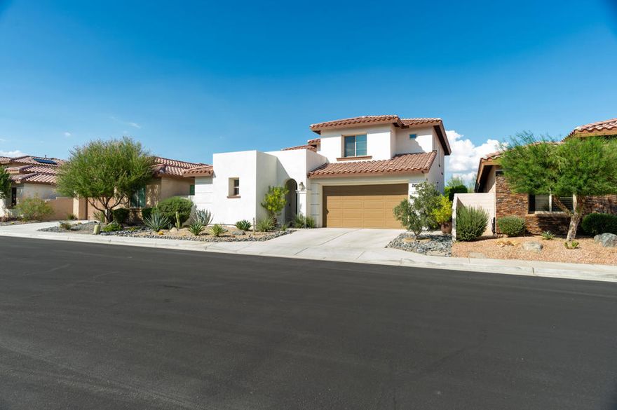 Fabulous Seasonal Retreat in Genesis Palm Desert is available for lease beginning November 1, 2025. Experience modern desert living at its finest in this stunning two-story home, perfectly situated on a quiet cul-de-sac within the highly sought-after gated community of Genesis in Palm Desert. Designed for comfort and style, this home features soaring 9-foot ceilings, expansive windows that fill each space with natural light, and captivating mountain and community views. Offering 4 bedrooms and 3.5 baths, including a detached casita ideal for guests, a private office, or an artist's studio, this residence effortlessly blends sophistication with livability. Interior highlights include elegant tile and wood flooring, plush Karastan carpeting, and a convenient upstairs laundry room. The spacious living room is designed for entertainment with an 85'' television, tower speakers, and fiber optic high-speed internet. Smart home technology and a state-of-the-art security system provide added ease and peace of mind. The chef's kitchen is a true showpiece, featuring sleek quartz countertops, stainless steel appliances, and a generous pantry--perfect for everyday living or hosting in style. The primary suite offers a private sanctuary with a spacious walk-in closet, a luxurious glass and tile shower, an oversized soaking tub, and a dual-sink vanity. Step outside and embrace the best of indoor/outdoor living. The serene front courtyard welcomes you with lush landscaping and a tranquil fountain, while the backyard oasis invites relaxation with mature privacy hedges, a heated saltwater pebble tech pool, and an oversized 12-foot spa--perfect for evening stargazing. Entertain effortlessly at the built-in BBQ area, complete with a sink, refrigerator, and ambient string lighting woven through the hedges for a true resort-like ambiance. Residents of Genesis Palm Desert enjoy exclusive access to two community parks, a pool, and a fitness center with BBQ and social areas--all just minutes from premier golf, tennis, pickleball, shopping, and dining. Convenient access to the I-10 ensures easy travel throughout the desert. Included in Rent: Water, pool service (2x weekly), landscaping, internet, Direct TV, pest control, and trash service.Tenant Pays: Electric and gas. Application Requirement: All tenants are required to complete a RentSpree credit application.