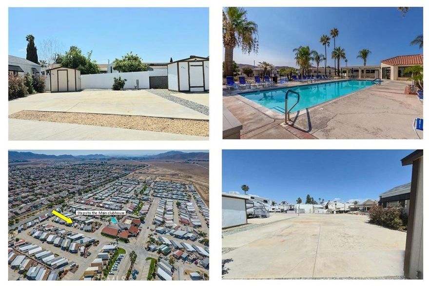 Welcome to your private oasis at Mountain Shadows RV Resort offering unmatched resort-style living in the heart of Southern California. Come see this HUGE lot with utilities at the site. OWN YOUR OWN Premium sized "A" LOT! Here is your RARE opportunity to own one of the larger improved pie-shaped lots in the Mountain Shadows 55+ resort community. Conveniently located only 2 lots down from the 2nd clubhouse---with jacuzzi, laundry and workout room. Roll right onto this fully paved level lot. This spacious land is flat and very usable with water and sewer connected. The Shed is oversized and afforded with full sized refrigerator and water. Steps from this spacious lot, the fantastic 55+ community features state of the art amenities including pool, spa, club house, many events for the active lifestyle: Community dinners, dances, and Saturday Breakfast. There is so much to do in this gated and secure community. You will enjoy Low taxes and HOA. HOA is $293/month and covers water, sewer, trash, basic cable and internet. This scenic oasis awaits you.  ***ASK ABOUT AVAILABLE FINANCING***