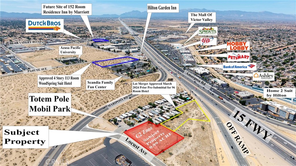 Prime C-2 zoned commercial parcel located at the intersection of Mariposa Rd and Locust Rd in Victorville, offering outstanding visibility and immediate access to I-15. Strategically positioned in a growing hospitality and service corridor, the property sits adjacent to a parcel that received lot merger approval in March 2024, with a prior pre-submittal for a 96-room hotel—underscoring active developer interest in the area.
Surrounding the site are multiple large-scale hotel projects, including the approved 113-room WoodSpring Suites next to Scandia Family Fun Center, a 152-room Residence Inn by Marriott, and the under-construction Avid Hotel—all contributing to increased lodging and traveler demand. Directly across the street is a newly opened Maverik Travel Center, a nationally recognized brand with over 400 locations. Opened in late 2024, this is Maverik’s third Southern California site and serves automobile, RV, and long-haul traffic—solidifying the area’s growing role as a regional travel and fueling hub.
Nearby educational and community anchors include Victor Valley Elementary School District, Victor Valley Christian School, First Assembly of God, and Azusa Pacific University’s High Desert Regional Campus—supporting daily activity and institutional presence. Victorville’s population surpassed 141,000 in 2024, with the greater High Desert region continuing its year-over-year growth in both residents and economic activity.
Looking ahead, the area stands to benefit from the Brightline West high-speed rail project, which will connect Southern California to Las Vegas. While the Victor Valley station will be located further north off Dale Evans Parkway (per city official) , its regional impact is expected to increase visitor traffic, workforce mobility, and long-term investment across the Victor Valley corridor.
This parcel offers a unique opportunity for retail, restaurant, hospitality, or travel-supportive uses in a corridor poised for sustained growth.
Buyer to perform their own due diligence to verify all information, including but not limited to square footage, zoning, and future development potential.