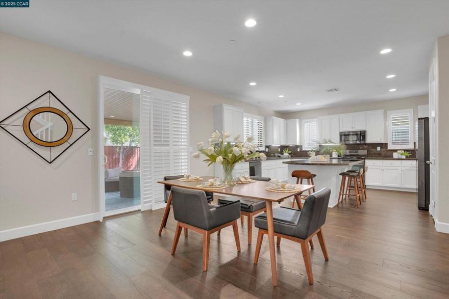 Welcome to Duarte Ranch Estates! This beautifully maintained 5-bedroom, 3-bath home offers 2,753 sq ft of comfort and style with a spacious, light-filled floorplan. Gorgeous laminate flooring flows throughout, creating a warm, inviting feel. The gourmet kitchen boasts an oversized island perfect for family gatherings, while the open living and dining areas make entertaining effortless. Upstairs features 4 bedrooms, a laundry room, and a versatile loft—ideal for work or play. The primary suite offers a relaxing sunk-in tub, dual sinks, and a generous walk-in closet. Outdoors, enjoy a built-in gas fire pit, BBQ island, pergola, stamped concrete patio, and large shed for storage—your own private retreat. Additional highlights include a Tesla charging station, epoxy garage floor, extended driveway, and nearby community park. Conveniently located approx. 2.5 miles to Hwy 4, minutes to Antioch BART, and near the upcoming Safeway-anchored shopping center with up to 73 EV stations. Pride of ownership throughout!