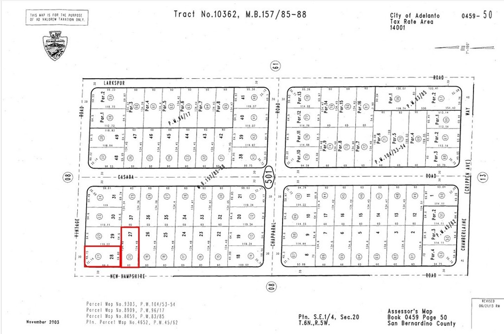 Two (2) vacant land parcels offered jointly totaling ±0.37 acres. Situated at the southeast corner of Vintage Rd & New Hampshire St in the City of Adelanto less than half a mile west of Hwy 395 and 1,270 feet north of Chamberlaine Way. Existing duplex developments are currently built and occupied on all sides of the vacant land parcels. Current zoning is RS-5, a single-family zone which permits detached residences at a density of up to five (5) units per gross acre.