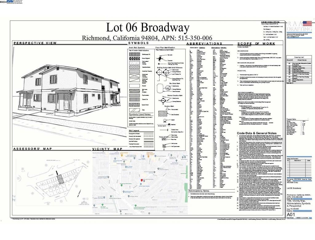 Level lot located in Central Richmond. The property owner has been in discussions with the City of Richmond Building Department and the City has expressed support for 3 different potential development plans: Plan #1 is for a duplex and 2 ADU’s, Plan #2 is for six residential units and Plan #3 is for 10 units. Included in the disclosures is a site plan for plans #1 and #2. However, there is no site plan for Plan #3. Based upon property owners’ discussions with the City of Richmond the owner is confident that since the subject property is in the "Opportunity Zone" which permits limited off-street parking that building approval could be obtained within 60 days. The subject property is located within close proximity to Kaiser Permanente Medical Center, Richmond BART and Nicholl Park with access to Highway #880 at a distance of approx. 1 mile via Macdonald Ave and the Richmond Civic Center is located approx. 1 block from the subject.