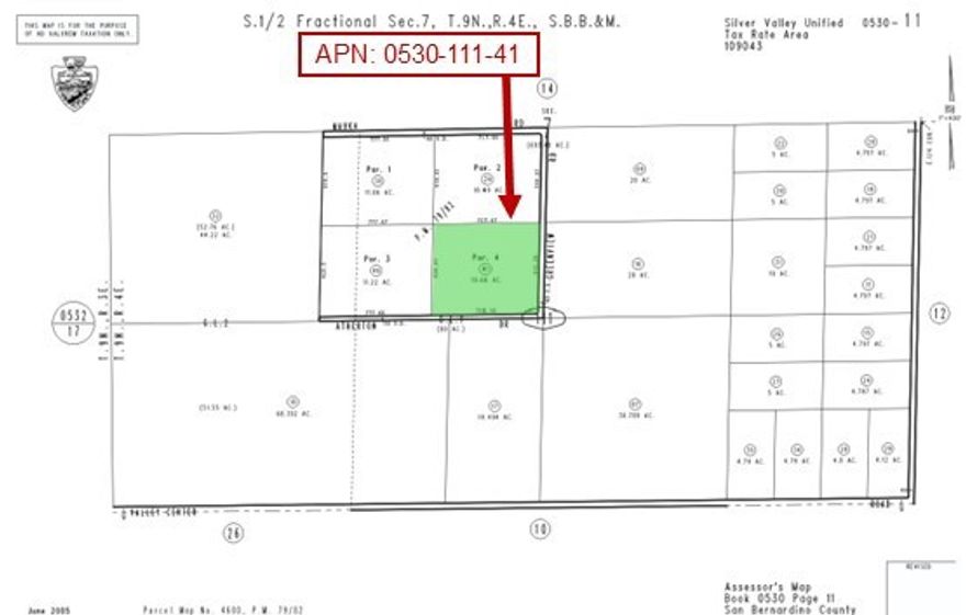 10.66 Acres (APN: 0530-111-41) GPS: 34.883588, -116.600005 This 10-acre property is located along Atherton Drive in the quiet desert community of Newberry Springs, San Bernardino County. This property is zoned both Rural Living- 5 Ac Minimum (RL-5) and Rural Commercial (CR), offering exceptional versatility. RL zoning supports residential uses such as single-family or manufactured homes, agriculture, animal keeping, agritourism, and the potential to subdivide into 5-acre parcels. CR zoning expands opportunities to include retail, lodging, repair services, recreation, and entertainment uses, with housing density of up to 2 units per acre in the desert region. Both zones allow renewable energy facilities, making this property attractive for a wide range of residential, commercial, and investment possibilities. Utilities in the area include overhead electricity approximately 1340 ft south along Valley Center Rd., with residents relying on private water wells, septic systems, and propane tanks for their utility needs. This property does not yet have an address, the address listed is for marketing purposes only. While the boundary lines on the map offer a glimpse, they are only approximate. A Buyer should verify boundaries, zoning and utilities, ensuring every aspect aligns with their vision for the property. ADJACENT PARCELS AVAILABLE.  (APN: 0530-111-41) GPS: 34.883588, -116.600005
