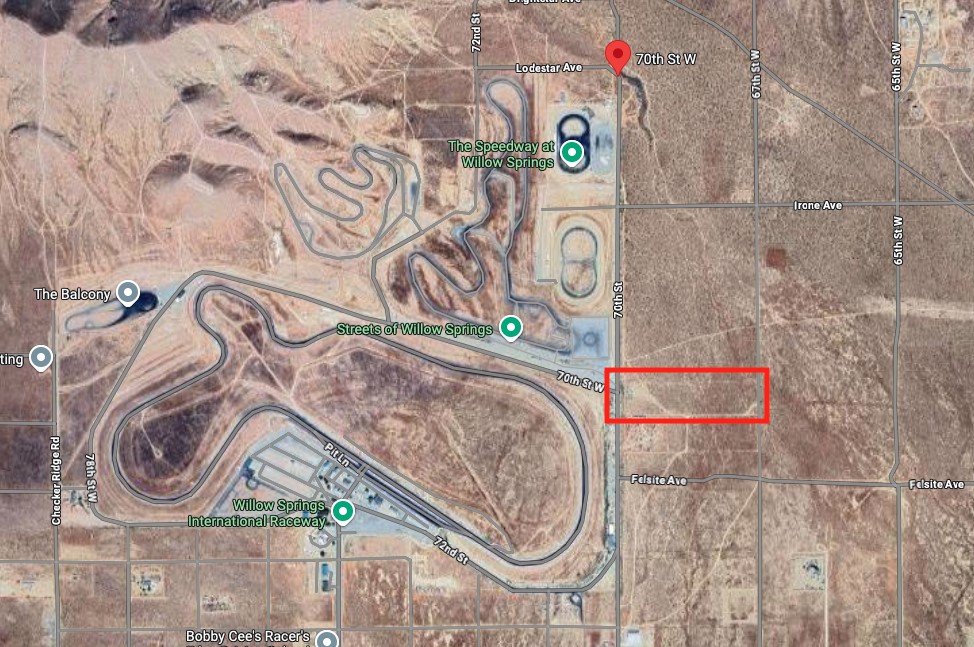 Have you ever dreamed of owning an estate next to a Historical racetrack with your own private gate accessing a shared easement? That's right! This is your chance to own a piece of history that connects your property to the historical Willow Springs International Raceway. As Willow is now under new ownership, now is a perfect opportunity to get in before Willow breaks ground to renovate and bring the track up to international standards once again. The adjacent Willow Springs will be turning the property into a racers' paradise with many exciting amenities ready to bring to fruition. You will own one of four 10 acre properties that shares the Easement onto 70th Street, gaining you private access to the road and a private gate. 70th St is currently the access road running on the east side of the tracks gate to ‘Streets of Willow’. If you have ever been to the ‘Streets of Willow, ’ you have been on 70th St., which runs next to the buildings and RV hookups just outside of turn 8. If you’re interested in owning a property next to a race track. This is your opportunity to get in with a very rare shared easement access property....Don’t miss out on this one!