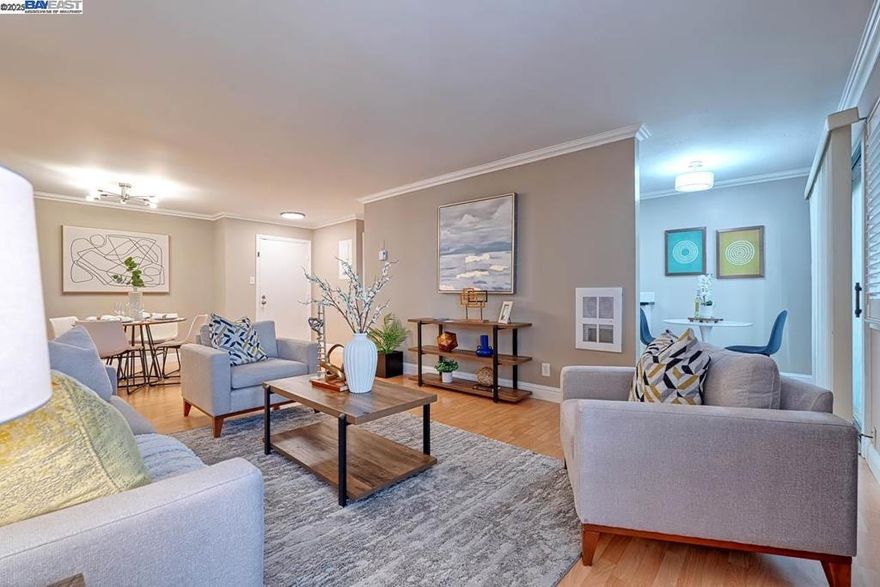 Excellent value for this charming end-unit condo in Marina Point, Foster City! Move-in ready and beautifully maintained, this home features a formal living and dining area with a cozy fireplace and tall windows, and an updated kitchen with breakfast nook leading to a private balcony overlooking greenbelts. The oversized primary bedroom offers extra space for a home office and a walk-in closet. Updated bathroom with Corian countertops and elegant fixtures. Additional highlights include a spacious in-unit laundry room, fresh paint, laminate flooring, crown molding, stylish light fixtures, and a large storage closet across the hall. Enjoy resort-style amenities including pool, spa, clubhouse, tennis and basketball courts, playground, BBQ area, and lush greenbelts, plus guest parking and RV/boat storage. HOA covers building and earthquake insurance, water, gas, and garbage, NO Rental restriction. Conveniently located near Beach Park, hiking and biking trails, shopping, restaurants, top-rated Foster City schools, and easy access to HWY 101 & 92 for commuting between Silicon Valley and San Francisco.      360VT: https://tinyurl.com/8cuzsk47