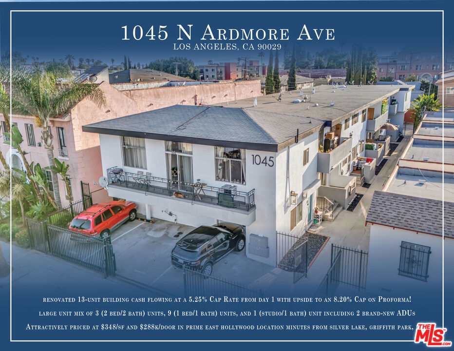 Renovated 13-unit building cash flowing at an amazing 5.25% Cap Rate from day 1 with 41% upside to an 8.2% Cap on Proforma! Attractively priced at only $348/SF and $288k/door with a large unit mix consisting of 3 (2bed/2bath) units, 9 spacious (1bed/1bath) units, and 1 (studio/1bath) unit. Majority of the units (7) have been renovated including 2 brand-new attached ADUs. Amenities include gated entry, communal laundry room, large balconies, large patios, as well as 9 parking spaces (4 of which have not been officially assigned and maybe rented for additional income). Many units boast updated cabinets, flooring, lighting, bathrooms, and significant exterior improvements including soft-story retrofit. Prime East Hollywood location just minutes away from the Vermont/Santa Monica Metro station, Silverlake, Hollywood, West Hollywood as well as many hip neighborhood attractions, restaurants, bars, and shops such as Hollywood Walk of Fame, Griffith Observatory, Cara Hotel, Saffy's Restaurant, Courage Bagels, and many more.