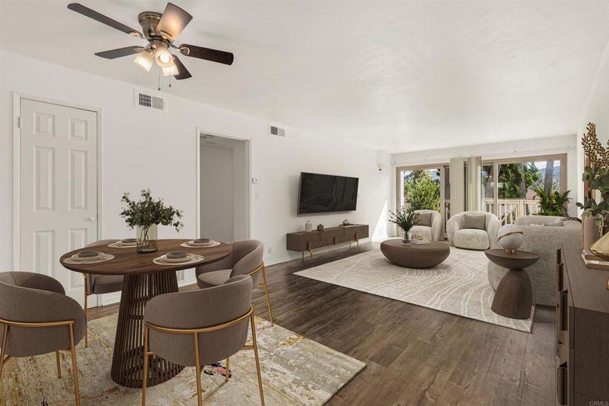 Welcome to this beautifully maintained first-floor condo with no stairs or steps offering an abundance of natural light and serene mountain views. The home features large Milgard dual-pane windows and sliding doors that open to a private patio and lush green space framed by hedges for added privacy.  The layout includes two convenient entrances, one leading directly into the kitchen — perfect for unloading groceries with ease. The spacious living room provides plenty of room for comfortable seating and even space for a cozy dining area.  Enjoy in-unit laundry with a stackable washer and dryer tucked neatly away in a closet just off the living space. The primary bedroom continues to showcase the stunning views and includes a large walk-in closet for ample storage.  With no stairs, abundant natural light, and a peaceful setting, this home is ideal for first-time buyers, downsizers, or anyone seeking a low-maintenance lifestyle in a highly desirable community.  Located in the heart of Lake San Marcos, you’re just a short stroll to award-winning restaurants, The Lakehouse Hotel & Resort, two golf courses and the lake itself. Move-in ready and priced as one of the best values in Lake San Marcos, this home offers an unmatched blend of comfort, convenience, and charm.