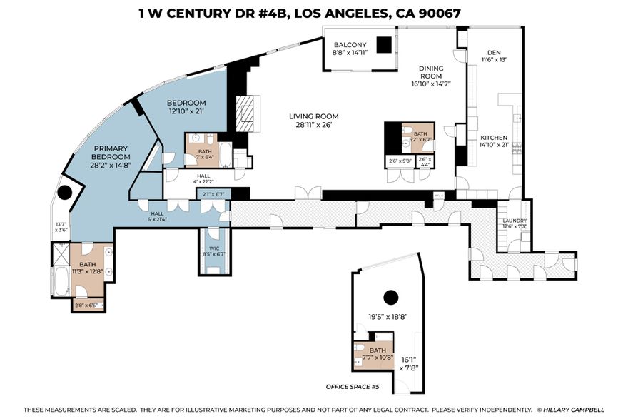 Extraordinary opportunity to own one of The Century's most sought-after residences. Beautifully appointed and one of only eight homes showcasing this premier 3,440 sq ft floor plan, 4B combines exceptional space with effortless flow for grand entertaining and comfortable everyday living. A secure, direct access elevator opens into a private foyer with impressive double-door entry. Inside, high ceilings and large windows provide unobstructed green vistas. The expansive living room features a fireplace and opens to a spacious terrace overlooking the gardens, while the formal dining room, easily accommodating 16+ guests, connects to a stylish, newly remodeled kitchen with striking quartz counters, top-tier appliances, breakfast bar, abundant storage and an adjoining den. The luxurious primary suite includes a private terrace, custom cabinetry, three closets, and a light-filled bath retreat. The second bedroom features custom built-in bookshelves with desks and an updated bath. Additional highlights include a service hallway with a concierge closet, private walk-in storage room at parking level, and an assigned wine locker. This residence can also be acquired with the exclusive-use right to office #5, a 650 sf suite located on the garden level. Available only to owners at The Century, this office suite features a full bath, Murphy bed and is one of only seven units in the building- a rare luxury for those desiring a dedicated workspace or retreat without ever leaving home. Set on almost four acres of beautifully landscaped grounds, The Century represents the pinnacle of Los Angeles luxury living with world-class amenities: a 75-foot resort-style pool and spa, state-of-the-art fitness center with treatment rooms, private screening room, wine cellar, children's playroom, outdoor dining areas with fireplaces, BBQs, firepits and lounges, walking paths, water features, and even a fenced dog park. Residents enjoy white-glove service including 24/7 concierge, security, lobby attendant services and valet parking - all within an atmosphere of unmatched privacy and prestige.