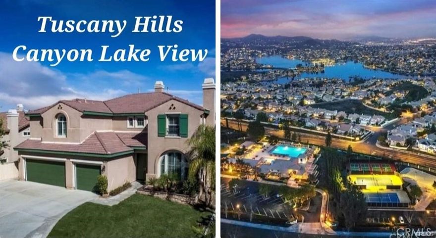 Spectacular Tuscany Hills home on a cul-de-sac with stunning views of Canyon Lake, valley, and mountains. Watermark by Pulte Homes’ largest floorplan with a spacious grassy, pool-size yard. Features 5 bedrooms plus bonus room and loft. Grand entry with double doors, soaring ceilings, and sweeping staircase. Elegant formal living and dining rooms, each with fireplace. Gourmet island kitchen with butler’s pantry, granite counters, wood cabinets, and built-in stainless steel appliances including double convection ovens. Luxurious master suite with balcony, jetted tub, separate shower, and huge walk-in closet. Family room with fireplace, large 3-car garage, RV parking, inside laundry with sink and cabinets. Dual HVAC, Milgard windows, recessed lights, custom hardscape and landscape. Enjoy Tuscany Hills amenities: clubhouse, pool, spa, fitness center, sports courts, and parks.