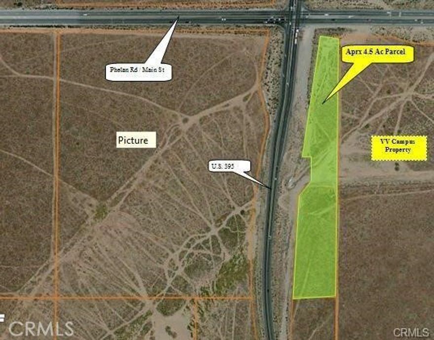 High-Visibility 5-Acre Signalized Corner Lot!

Prime over 4-acre commercial property located on U.S. Highway 395 at a signalized corner with exceptional visibility and a high traffic count. Positioned just south of the Amazon facility and adjacent to the proposed Victor Valley 4-Year College, Target Gateway Center (a 400,000 sq. ft. retail development), and the Tractor Supply Company. This strategic location offers outstanding exposure and accessibility—an ideal site for a gas station, convenience store, or other high-traffic retail use.

Highlights:

Over 4 Acres on U.S. 395
Signalized corner with excellent access and visibility
Surrounded by major developments and national retailers
High traffic counts and growing commercial corridor