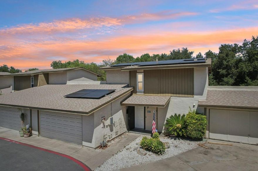 Welcome to Casa Del Sol Estates! Move-in ready 4BR/2BA townhome with approx. 1,497 sq. ft. Features include a downstairs bedroom with walk-in closet, updated HVAC, fresh paint, newer carpet, dual-pane windows & modern fixtures. Kitchen offers a 5-burner stove, gas oven, new dishwasher, new countertop & refrigerator. Enjoy solar panels with battery backup, providing energy efficiency & peace of mind. Attached 2-car garage with laundry hookups plus 1 extra parking space. Private fenced patio opens to a greenbelt. HOA amenities: pool, picnic area, RV parking & landscaped common areas. Convenient Lakeside location close to shopping, dining, Lindo Lake & freeway access.