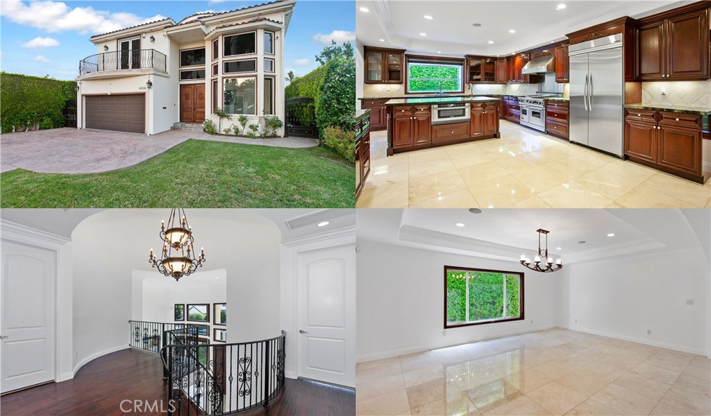 Exquisitely appointed 4,742 sq. ft Sherman Oaks estate showcasing FULLY OWNED SOLAR PANELS, an impressive array of luxury upgrades, refined amenities, and impeccable designer finishes—gracefully framed by architectural sophistication throughout. Plus, a JUNIOR PRIMARY SUITE. A gated entry reveals a stamped-concrete driveway bordered by manicured privacy hedges, vibrant flowerbeds, and a lush green lawn. Grand double doors open to a dramatic foyer where a chandelier floats above gleaming marble floors, seamlessly introducing an open, light-filled layout. The formal living room stuns with soaring ceilings, abundant natural light, marble flooring, and a guest powder room featuring a gold-tone vessel basin. The expansive gourmet kitchen is a culinary masterpiece—featuring tray ceilings, rich wood cabinetry, granite countertops, travertine backsplash, and high-end stainless-steel appliances: Viking® Professional gas range with hood, KitchenAid® refrigerator, Sharp® microwave, and a dishwasher. A center island with vegetable basin and breakfast nook complete the space. The formal dining room exudes elegance with a tray ceiling, designer chandelier, and sunlit marble floors—ideal for refined entertaining. The spacious family room offers warmth with a raised-hearth gas fireplace and French doors leading to a serene backyard. A total of 5 bedrooms and 6 bathrooms includes a downstairs junior primary suite. The junior suite offers a large closet with mirrored doors and an en suite featuring a frameless glass shower, marble walls, and tiled floors. The upstairs primary suite is a sanctuary, showcasing crown molding, gas fireplace, dual walk-in closets with organizers, and a resort-caliber bath with jetted soaking tub, dual vanities, built-in makeup station, step-in steam shower, private bidet area with smart commode, and travertine floors. Three additional en suite bedrooms feature details such as crown molding, walk-in or mirrored closets, and lighted ceiling fans—one with a private balcony offering treetop and sky views. Additional features include a laundry room with storage and utility basin, central HVAC, smart thermostat, water softener, dual-pane windows, and EV charger. The entertainer’s backyard offers soaring privacy hedges, a stone-tiled patio, built-in BBQ, and above-ground spa—all moments from Ventura Boulevard’s vibrant scene and freeway access.