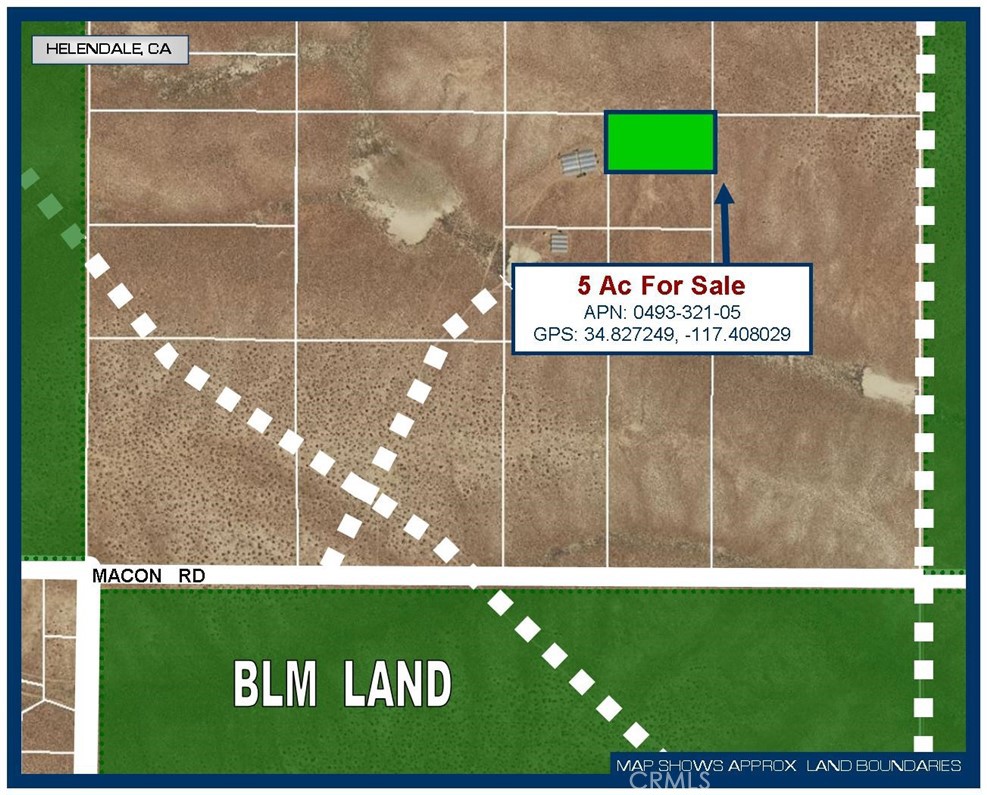 This 5 acre parcel is located between Barstow and Victorville Ca. Kramer Junction is North West of property. The property lies within the unincorporated area of San Bernardino County. Zoning is RC (Resource Conservation), which allows you put a home and some livestock or agriculture. The property is great for camping, dirt bike riding and watching the desert sunsets. Residents in this area have there own well put in for water and sewer needs, propane tanks for their gas. Solar can be used for electricity. There is also areas that are owned by the Bureau of Land Management (BLM) that is open for public off road vehicles. Please visit the website for maps and regulations in your area.