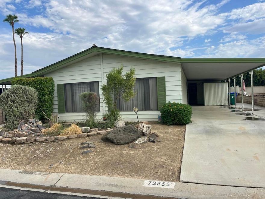 This home is one of the rare split floorplans with a premier suite on either side of the home with an extra bedroom in the middle.  Great open living room for entertaining guests.   In addition to the space, it has a large laundry room that goes out to the carport with a shed.  There is a private patio for enjoying outdoor evenings during the high season.  This is truly a must see to appreciate the well laid out floorplan and space this home has to offer.  Palm Desert Greens is a 55+ community.  Our low HOA dues of $400 a month include, Golf, Internet, WI-FI, Cable TV, and Trash pick up.  In addition to golf, we have numerous clubs that meet weekly.  There is a restaurant on site as well as a pro shop.  Come see this gem today.   All information to be verified by buyer.  This is a 55+ community.  Buyer to pay one time (RRA) Reserve Replenishment Assessment fee of $2400 equal to 6 months HOA dues.