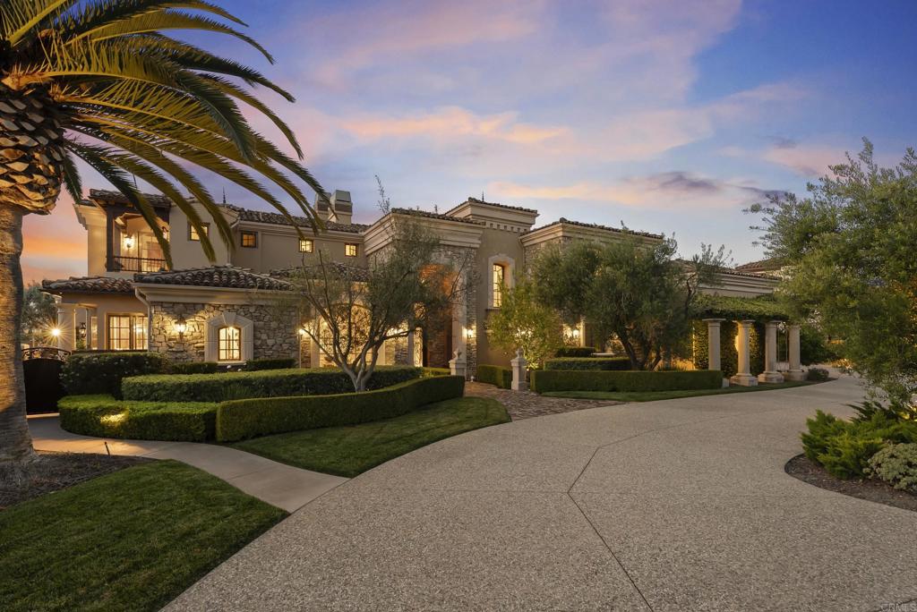 Awe inspiring views of the canyons & the ocean await you from this private estate located in the coveted gated community of Cielo. This timeless custom Dena Gillespie home is perched on a large lot seamlessly blending indoor/outdoor living with first class appointments. With several view decks, a jacuzzi spilling into the salt water pool, built-in BBQ, large covered dining area, built-in bar, putting green & fire-pit, it's the kind of dream yard that feels like a quiet escape. The interior of the home is brimming with exceptional finishes & fine craftsmanship. Recently updated chef's kitchen with quartzite countertops, large prep island, Wolf range, SubZero refrigerator/freezer, butlers pantry & wine room with etched glass & custom wrought iron door. For those seeking serenity, escape to the main floor primary suite with a cozy fireplace, heated bathroom floors, steam shower, lavish bathtub, sauna & picturesque windows to soak in the views. Additional amenities include tumbled travertine flooring, all new chandeliers throughout, 4 en-suite guest bedrooms (one on the main level), an upstairs temperature controlled wine room, oversized 3 car garage, Lutron lighting system & Aqualink system for the pool to easily manage from your phone or tablet. Situated in the award winning Rancho Santa Fe school district. The community of Cielo has world-class amenities including 24 hour gate guarded security, an Olympic-sized pool, state-of-the-art gym, 2 tennis courts, pickleball, nature trails, beautiful parks & an indoor/outdoor entertaining area.
