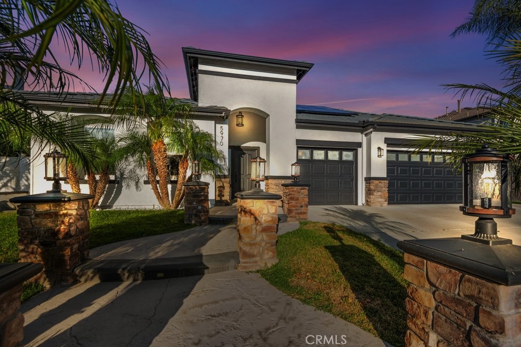 Gorgeous Upgraded Pool Home with Owned Solar! This immaculately maintained gem features a sparkling pebble tech pool & spa, expansive patio, covered areas for lounging and BBQs, plus a built-in firepit—your private backyard paradise! Recently updated with new roof, interior/exterior paint (2023), and brand new flooring throughout. The solar system has solar backup batteries for enhanced security and independence during electricity outages. The bright and open layout includes a formal living and dining space, and an inviting family room with a custom entertainment center. The modern kitchen dazzles with white shaker cabinetry, quartz countertops, contrasting blue tile backsplash, a large island with bar seating, and built-in buffet. The primary suite is privately situated and offers dual closets and a luxurious en suite with soaking tub, tiled shower, and dual sink vanity. Three additional spacious bedrooms and two beautifully updated bathrooms complete the home. All conveniently located near schools, shopping, and dining.