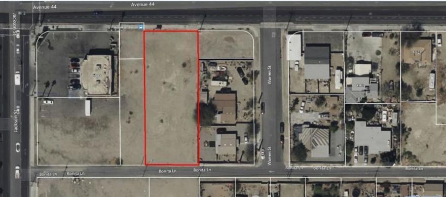 Seize the opportunity to own a 21,780 sq. ft. commercial lot in the heart of Indio, CA--just minutes from the world-renowned Coachella festival grounds. Call Listing Agent James Guillermo 7604491345 This strategically located property sits east of Circle K at the southeast corner of Jackson Street and 44th Avenue, perfectly positioned in the path of major future growth and development. Zoned C-1 (Neighborhood Commercial), this lot is ideal for a wide range of business opportunities--from retail shops to service-based businesses. With dual access points from 44th Avenue and Bonita Lane, it offers high visibility and convenient ingress and egress for customers and deliveries alike. Lot Boast ! Lot Size: 21,780 sq. ft. (0.5 acre),Zoning: C-1 (Neighborhood Commercial) ,Utilities Nearby - water, sewer, and power close to property Excellent Access from both 44th Ave and Bonita Lane High Traffic Area near established businesses and future development zones Whether you're an investor or entrepreneur, this lot is ready for development and presents a rare chance to establish a business in one of the Coachella Valley's fastest-growing corridors. Buyer must verify all zoning