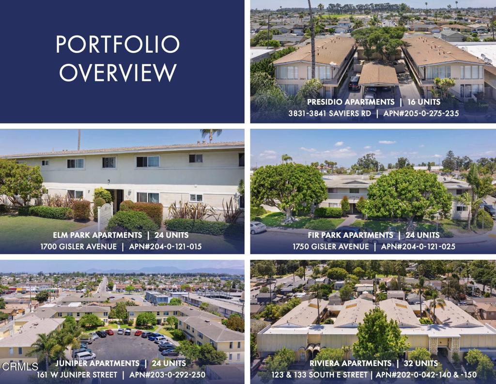Extremely rare opportunity to acquire a portfolio of 5 stabilized, well-run Oxnard apartment buildings totaling 120 units. The 5 buildings consist of 16, 24, 24, 24 and 32-units apiece and are all within close proximity to the major thoroughfare of Oxnard Blvd. 83% of the total unit mix count is comprised of 2-bedroom apartments. Each property offers assumable financing through Chase between 3.23 - 3.35% through the end of NOV or DEC 2026. Several capital improvements of note have been completed. Current ownership has expertly operated these stabilized assets, as evidenced by the 0% vacancy factor as of mid-July, while leaving considerable long-term upside in rental rates to a new owner.PRESIDIO APTS: 3831-3841 SAVIERS RD, OXNARD CA | ELM PARK APTS: 1700 GISLER AVE, OXNARD CA | FIR PARK APTS: 1750 GISLER AVE, OXNARD CA | JUNIPER APARTMENTS: 161 W JUNIPER ST, OXNARD CA | RIVIERA APARTMENTS: 123 & 133 S E ST, OXNARD CA