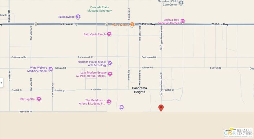 Rare chance to own a premier parcel of vacant land in the heart of the High Desert of Joshua Tree. This expansive property offers peace, privacy, and panoramic views of the iconic Mojave landscape surrounded by rugged desert terrain, native Joshua Trees, and uninterrupted horizon vistas. The location captures the spirit of Joshua Tree living: open space, endless skies, and a canvas for your desert dream. Located minutes from the vibrant Joshua Tree Village, buyers enjoy easy access to eclectic shops, art galleries, cafes, and world-class outdoor recreation. Joshua Tree National Park, with more than 3 million annual visitors is also just a short drive away, offering hiking, rock climbing, stargazing, and more. Whether you're envisioning a private retreat, off-grid homestead, or investment property, this site delivers exceptional potential in a highly sought-after desert community. Experience unobstructed views, pure serenity, and the freedom to build your vision in one of Southern California's most iconic landscapes.