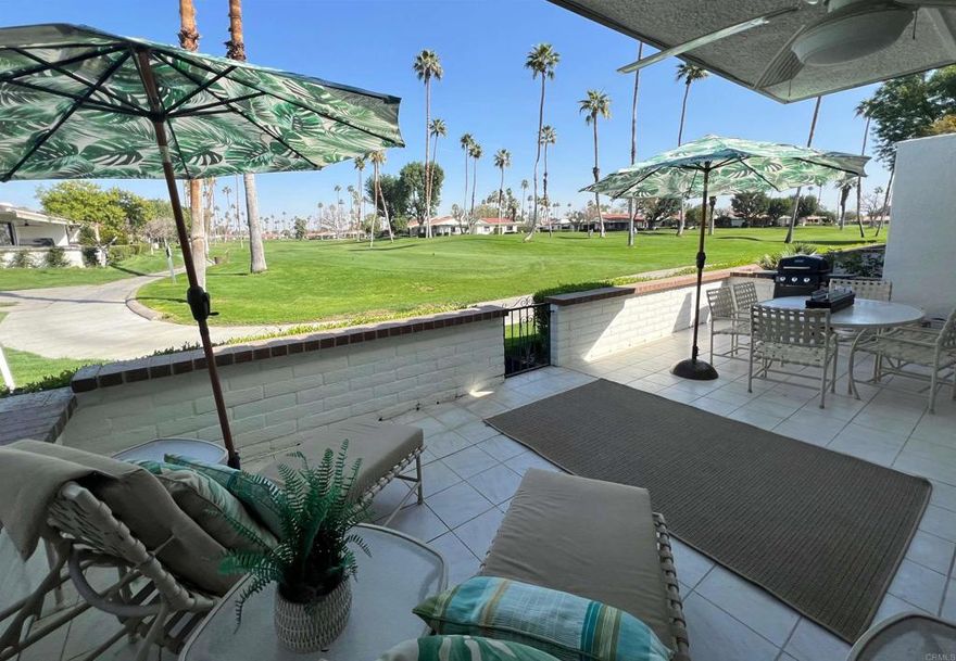 Priced for long term lease and vacant.   Also available furnished if desired for winter 2026.  Rancho Las Palmas Country Club!  Single-level condo located on the South course, hole #5, behind the tee box. Sitting on a quiet, inner corner of the complex, it is no doubt you will find serenity here!   Our Rancho Las Palmas Getaway is affectionately called Rancho Relaxo because it is truly a restful retreat with adventure waiting just outside in the sunshine of Rancho Mirage!    This is a single-story floor plan with both bedrooms separated and secluded from one another.  Perfect for guests with a versatile and customized guest suite.      Two Car Garage and a four-seater golf cart for your use is included and perfect for sunset cruises!  Perfect for working virtually and the full-size desk looks out towards the fairway! The community pool is just steps away from the back patio, with a beautiful spa to allow you to relax even more!   You can't beat this locations and its proximity to all your favorite restaurants and shopping, including Whole Foods, Nordstrom Rack, Street Fair at the College of the Desert, and The River Mall with a movie theater and so many popular restaurants!   Priced for year round lease.  Contact Agent / Owner for seasonal stay Click on video virtual tour link