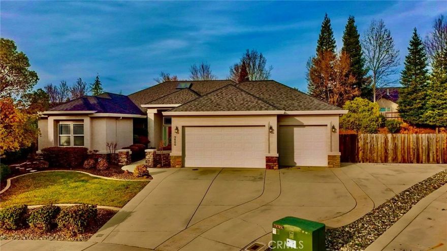 Nestled in a cul-de-sac with only 4 neighbors and close to the Redding airpot with access to shopping, Sun Oaks Tennis Courts, and scenic trails, this charming home offers a blend of comfort and convenience with a dual A/C system. Newer roof (installed approx. 5 years). 3-Car PolyTek coated garage floor is spacious. Open-concept designed home features granite countertops in the kitchen, seamlessly connecting to the ideal media room or gathering place for entertaining. Formal dining and living areas offer flexibility for various needs, while the cozy see-through fireplace between rooms adds warmth and ambiance. Step outside to your backyard oasis, complete with a generous patio cover and dual ceiling fans, making it an ideal spot for outdoor relaxation. The home also includes a gated RV and boat parking — perfect for your big toys! There's even potential to build a workshop, ADU, or install a pool and plenty of space left in the backyard with this ALMOST HALF ACRE PROPERTY! DON'T MISS THIS BEAUTIFUL EXPANSIVE HOME come call this place home!