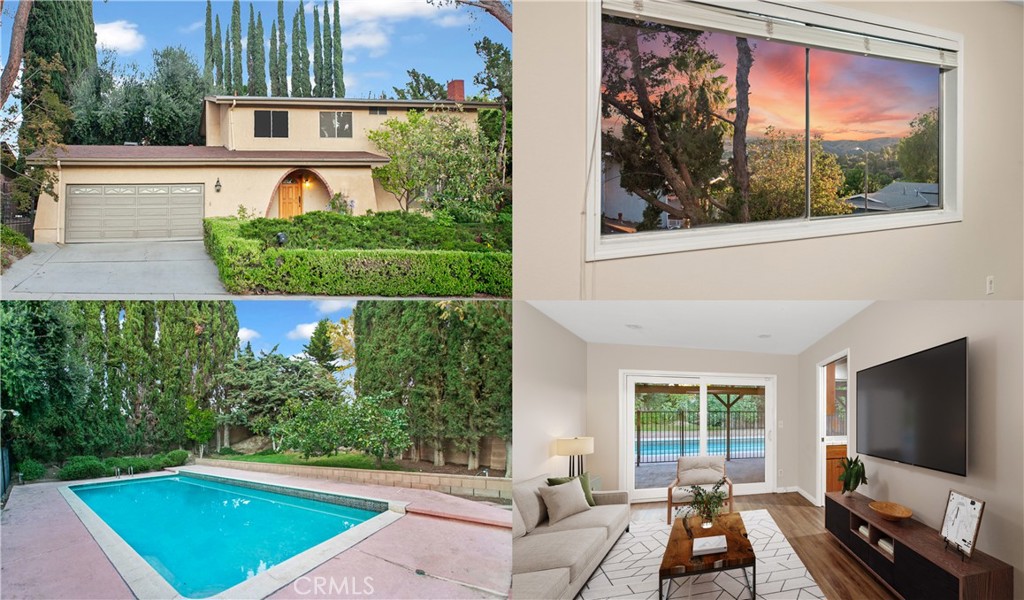 This beautiful POOL home with treetop, mountain, and sunset VIEWS and OVERSIZED PRIMARY SUITE is tucked away on a peaceful, tree-lined street in West Hills. Surrounded by lush landscaping, vibrant flowerbeds, and mature olive, tangerine, loquat, and shade trees, its curb appeal is enhanced by a graceful arched portico and manicured hedges. A newer custom solid oak front door with fanned glass insert opens into a welcoming foyer and leads into a bright, open-concept layout featuring new luxury vinyl tile flooring, and a stylish two-tone designer paint palette. The sunlit living room offers recessed lighting, elegant plantation shutters, a floor-to-ceiling brick fireplace, and new luxury vinyl flooring. A convenient guest powder room features an updated vanity with a sleek black granite countertop and undermount sink. The bright and open kitchen offers wood-grain cabinetry, a pantry, tile countertops, a dual-basin stainless steel sink, and modern Frigidaire® stainless-steel appliances — including a 5-burner gas range, microwave with exhaust fan, refrigerator, and dishwasher. A breakfast bar adds space for casual meals. The dining room, filled with natural light from a large window that overlooks the backyard and pool, also features plantation shutters and a new lighted ceiling fan. The spacious family room includes recessed lighting, newer dual-pane French doors framing a serene backyard view, and luxury vinyl tile floors. The oversized primary suite is a true retreat — bathed in natural light from multiple windows offering treetop, mountain, and sunset views. It also features a lighted ceiling fan, a large mirrored closet, an additional walk-in closet, and new flooring. The private en suite bathroom includes an updated vanity with granite countertop and undermount sink, a large mirror, and a glass-enclosed step-in shower. Two additional light and airy bedrooms feature large windows (one with treetop and mountain views), mirrored closet doors, lighted ceiling fans, and new flooring. The full guest bathroom is appointed with a newer granite-topped vanity, undermount sink, large dressing mirror, mirrored storage cabinet, and a glass-enclosed tub/shower combo. Private backyard with a grassy lawn, lush plantings, mature trees (including olive, citrus, and bay laurel), a pergola-covered patio, and a sparkling in-ground pool with Kool Deck surround. Conveniently located near top-rated schools, scenic hiking trails, parks, and recreation areas.