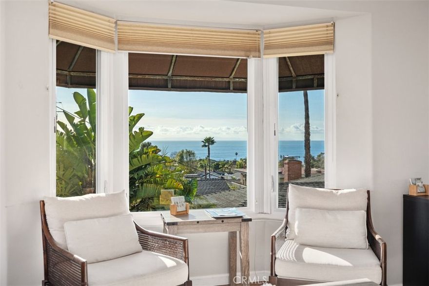 Enjoy ocean views, coastal breezes, and easy beach living in this charming furnished home. The upper level hosts all primary living spaces, including a light-filled living room with a cozy fireplace, a full kitchen that opens directly to the deck—perfect for morning coffee—and two comfortable bedrooms. The main bathroom offers a full bath and a spacious double-sink vanity. Downstairs features a ¾ bath with laundry and an attached one-car garage.
Both outdoor spaces are thoughtfully hardscaped: one side yard offers a tranquil water feature with lounge seating, while the opposite yard provides a welcoming outdoor dining area. There is plenty of room for beach toys.  Ideally located a short distance to the beach, local shops, restaurants, downtown, and Laguna Beach High School, this home blends comfort, convenience, and the best of coastal charm. A one month stay is minimum however, owner prefers rentals of 3 months or more. Price may vary depending on the season.