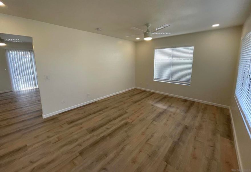 Don't miss out on this one story, Mira Mesa unfurnished house conveniently located near Sorrento Valley, local parks, schools, restaurants, and shopping centers! The house is complete with 3 Bedrooms, 2 Bathrooms, 2 Car attached garage, and laundry room with Washer/Dryer hook-ups. The House also boasts Vinyl Flooring throughout; updated Kitchen Cabinets/Countertops; Ceiling Fans; and Recessed LED Lighting. Large fenced backyard.  *Pictures are from 11/1/23