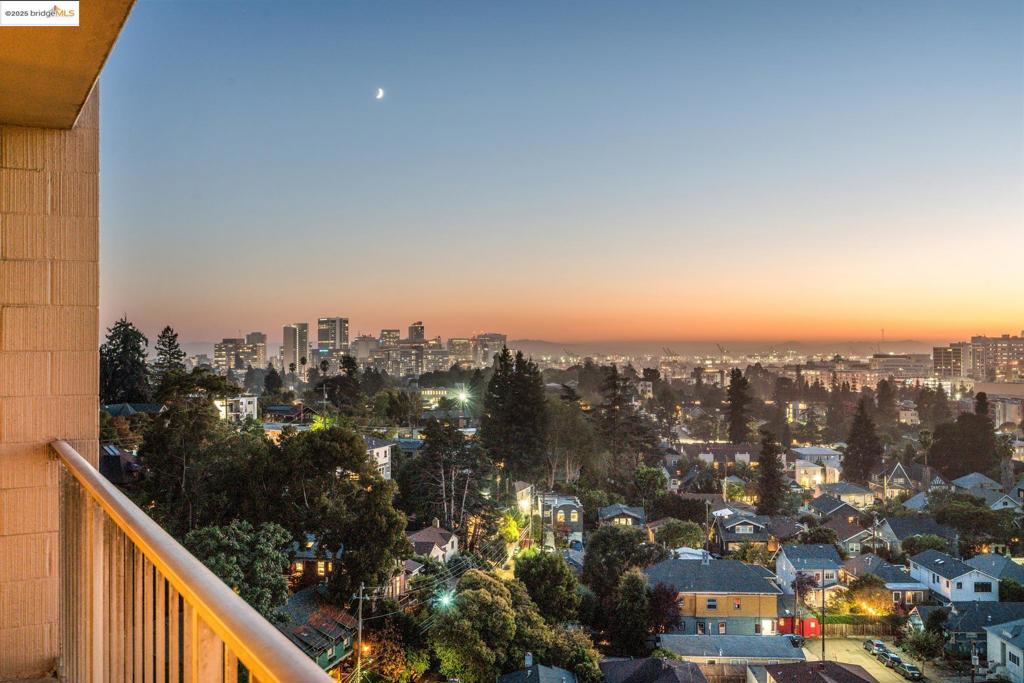 Floor-to-ceiling windows look out over the Bay, Mount Tam, and the city from every room in this west-facing condo. You’ll enjoy the changing light at all hours of the day. At twilight, the city lights twinkle, and the sunsets are spectacular. Enjoy the easy indoor-outdoor flow to a spacious private balcony where you can relax with your morning coffee or evening wine. The open floor plan leads to a sweet kitchen with plenty of counters and cabinets. You’ll find tons of closets, including a huge walk-in closet that could be used as an office. The condo comes with a deeded parking place in a gated garage and a separate storage space. Kelton Court is a highly desirable building, close to transportation, and only three blocks away from the numerous amenities and restaurants on Piedmont Avenue. Enjoy the combination of being close to a vibrant neighborhood, yet live on a tranquil cul-de-sac away from it all. Experience urban living at its best! Views: Downtown