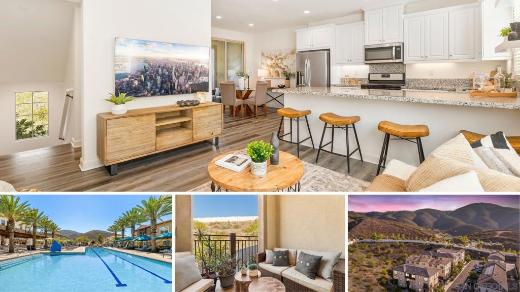 Welcome home to Lazurite Rd in gated Latitude at Rancho Tesoro, a gem set against the scenic hills of San Marcos. From the moment you enter the neighborhood, you’ll notice the meticulously kept landscaping and impressive amenities, including a resort-style community pool with views, loungers, BBQs, fire pits, and more. Boasting owned solar and positioned for privacy, this beautiful 2 bedroom, 2.5 bathroom, 1248 ESF, end-unit townhome offers plenty of natural light and hillside views. Built in 2021 and assigned to Double Peak School, this smart-enabled home with fiber connectivity and upgrades lives comfortably for a variety of lifestyles with an attached, EV-ready two car garage and dual ensuite bedrooms. On the main living floor, the layout flows easily between the kitchen, living, and dining areas, and opens out to a covered balcony that offers a private and serene place to unwind. Centrally located, the spacious kitchen features a pantry and ample counter space, perfect for both entertaining and everyday life. Upstairs, both bedrooms with attached bathrooms are ideally situated, and laundry sits nearby. Thoughtfully designed, the primary suite features a spacious bathroom with walk-in closet, large shower, and dual vanity, and the second bedroom’s ensuite is complete with a bathtub for added convenience. Perfectly located near restaurants, shops, trails, and lakes, and still offering quick access to the 78, Rancho Tesoro combines everyday ease with the beauty of outdoor living for a truly effortless lifestyle in San Marcos.