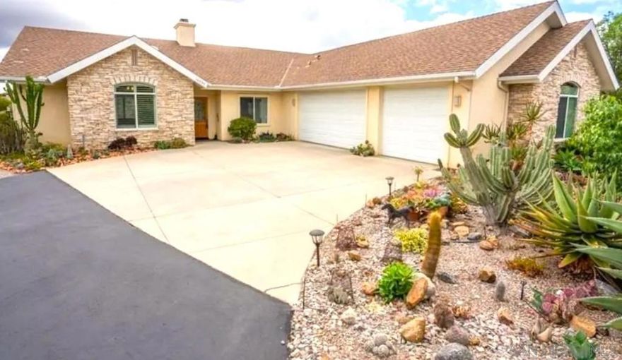 A Must See Classic Contemporary Ranch Style Home. Walk into your Foyer and see the Great Room Design with a Warm Inviting Fireplace attached to the Spacious Kitchen with Island and Corinthian Counter-tops. Master Suite   with Spa Tub, Walkin Closet and An Exit to Your Outdoor Patio to Enjoy the Amazing Views. The 3 Car Garage is Completely AMAZING!!! SEE PHOTOS. 1 Bedroom/Office with Separate Full Bath. Fans in every room, Mature Citrus Fruit Trees and Avocado Tree, Most amazing Views, Mature Cacti and Exotic Plants, Big Oak trees, Beautiful Landscaping, Separate Laundry Room with built-in cabinets, Plenty of Storage Space / Built-in Cabinets Throughout