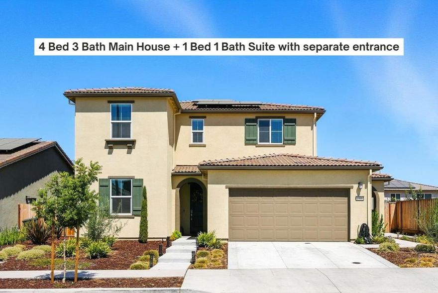 *PRICE REDUCTION* Built in 2024, this NextGen Lennar home provides more space without compromising privacy or independence. Spacious and modern ~3,232 square foot home, on a ~5,948 square foot lot with a 3-car-garage. Main house has 4 bedrooms / 3 bathrooms and includes a private, adjoining 1 bedroom/1 bathroom suite. The suite is part of the original builder floorplan, and is accessible through the kitchen or via separate exterior entrance. It has it's own wet bar / kitchenette, living room, bedroom with ensuite bathroom, and laundry area. In the 4B/3Ba main home, 1 bedroom & 1 full bathroom are downstairs, as well as a large den / office. The other 3 bedrooms and 2 bathrooms are upstairs, along with the loft and laundry room. Primary bedroom has a walk-in closet and ensuite bathroom with an oversized tub and double sinks. The generously sized kitchen is equipped with quartz countertops, a built-in oven range with gas, dishwasher and microwave. The home is designed for comfort and convenience, with high ceilings, tons of storage and an open floorplan kitchen and family room. Enjoy the benefits of modern energy features like double pane windows, solar power, and a tankless water heater. Dual zone heat and AC. Come see it before it's gone!