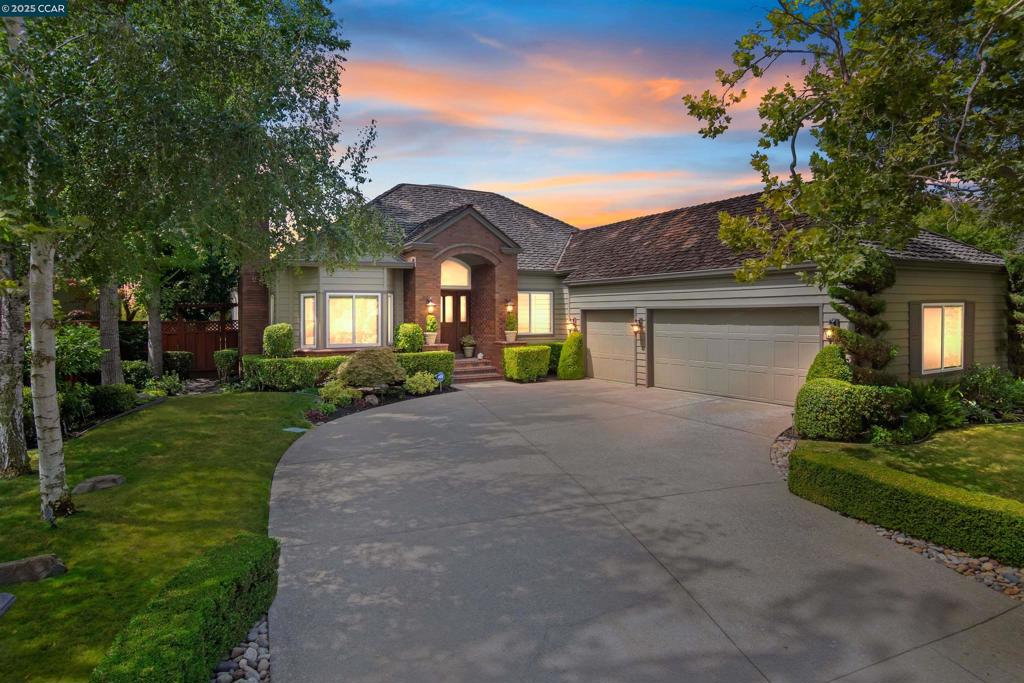 Exceptional single story in a prime Blackhawk Country Club location. Serene, private setting with incredible views and natural beauty with lush landscaping that boarders open space. Approximately 2,660 sq ft 3 bedrooms and 2.5 bathrooms on .17-acre lot. As you enter, you are greeted by the grand foyer which leads to the elegant living room including a stone surround fireplace or the spacious formal dining room which easily accommodates a large gathering. Experience the open floor plan with soaring ceilings, extensive mill work and wainscot detailing throughout, accented with an abundance of natural light. A Chef’s kitchen w granite counters, top of the line stainless steel appliances including a Wolf 5 burner cook top, a walk-in pantry with shelving, Island with breakfast bar seating surrounded by beautiful hardwood flooring. Private Primary bedroom suite with vaulted ceilings offers a garden view w an abundance of natural light. Pamper yourself in the luxurious primary bathroom showcasing custom cabinetry with skylight & a relaxing jetted tub. sparkling pebble-tech pool with water feature for outdoor enjoyment and entertainment. Auto enthusiasts or meticulous organizers will appreciate the well thought out 3 car garage makeover w built in storage closets & sliding wood ladder