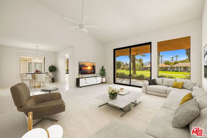 Sunrise Country Club is impeccably sited within its beautiful golf course community surrounded by panoramic mountain views, gated with 24 hour security in sought after Rancho Mirage. This 3 bedroom 2 bath end unit offers abundant natural light with an open concept great room with vaulted ceiling, featuring a spacious living room, dining with enclosed atrium featuring a wet bar, a covered terrace is accessible through wall of glass where lounging or outdoor dining enjoy link and fairway views. Additional features include an inside laundry room and an oversized garage with room for a golf cart and ample loft storage area.  The architectural clubhouse includes a bar and grill, lounge, grand dining room with stunning lake and fairway views offering lunch and dinner, the club includes the 18-hole golf course, tennis and pickle ball courts, abundant swimming pools/spas and fitness center.  Updates through the years include energy efficient dual glazed windows and Fleetwood slider.  First class dining and shopping and medical are conveniently located within easy reach.