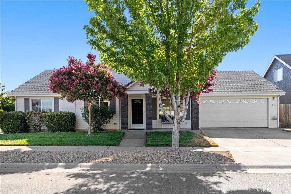 Welcome to 1113 Admiral Lane, a North Chico gem that combines charm, functionality, and location in one incredible package. Situated on a spacious corner lot in a well-established neighborhood, this 3-bedroom, 2-bathroom home offers 1,357 sq. ft. of comfortable living space and a layout designed to suit your lifestyle, whether you’re relaxing at home, hosting guests, or enjoying the outdoors. Step inside and you’ll be welcomed by vaulted ceilings and an open-concept living area that feels both airy and inviting. The updated LVP flooring flows throughout the main spaces, complementing the natural light that pours in through dual-pane windows. The living and dining areas are seamlessly connected, creating the perfect space to gather and entertain. The kitchen has been thoughtfully refreshed with refurbished cabinets, gorgeous poly countertops featuring recycled glass accents, bar-top seating, and a slider that opens directly to the backyard, making indoor-outdoor entertaining a breeze. Whether you’re preparing weeknight dinners or hosting brunch with friends, this kitchen is both stylish and functional. All three bedrooms are generously sized, including a private primary suite with high ceilings, a walk-in closet, and a well-appointed en-suite bathroom featuring tile flooring and ample storage. The hall bathroom also offers tile floors and extra storage to meet your everyday needs. Step outside and you’ll find a low-maintenance backyard that’s ready to enjoy, featuring multiple concrete patio areas, electrical outlets for outdoor lighting or BBQs, and plumbed gas line access for a future hot tub or grill. There’s just enough lawn to play or garden, and the size makes for easy upkeep without sacrificing usable space. Located just minutes from Upper Bidwell Park, Marigold Elementary, Pleasant Valley High School, restaurants, shopping, and other North Chico amenities, this home offers a wonderful balance of peace and accessibility. Whether you’re starting out, downsizing, or just looking for a beautifully maintained home in a great location, 1113 Admiral Lane is the one you’ve been waiting for.