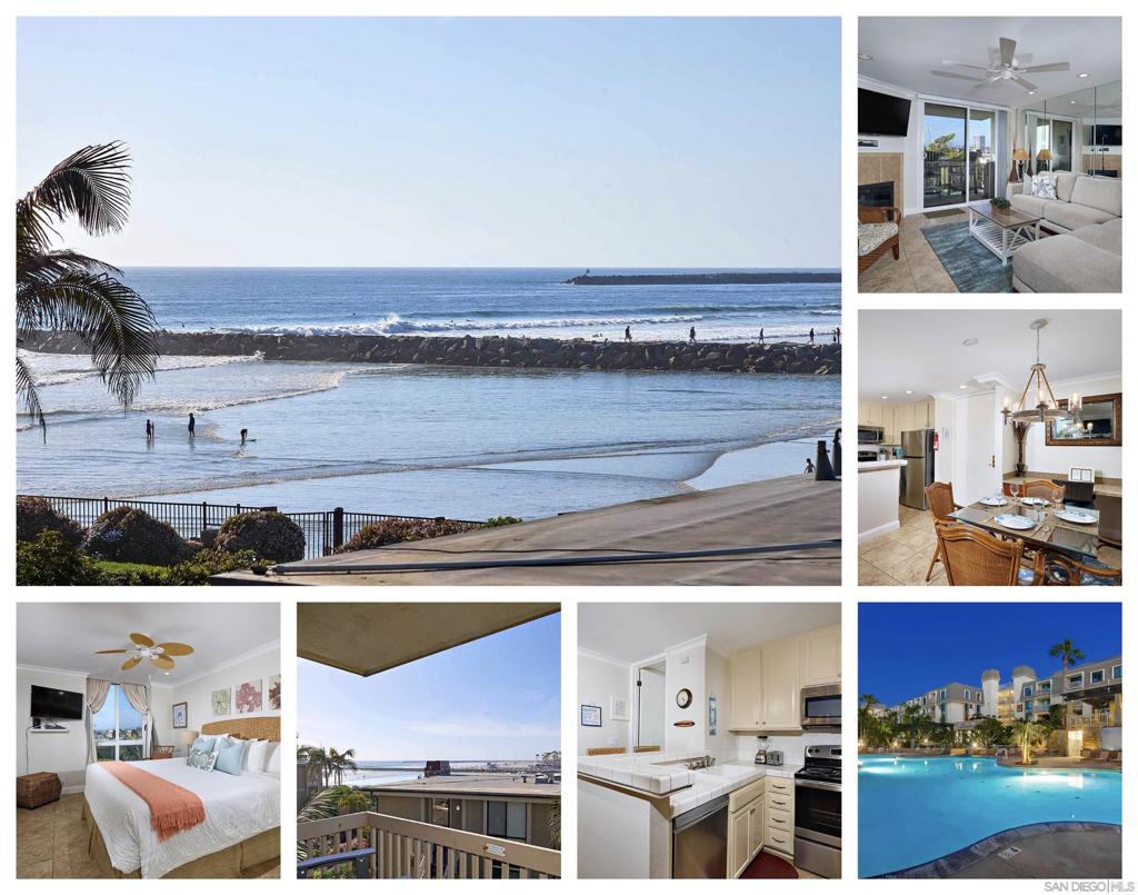 This stunning beachside condo offers breathtaking ocean and harbor views from the living room, balcony, and bedroom—perfect for watching sailboats, surfers, or soaking up a beach day. Inside, recessed lighting and a stylish dining room fixture complement the ambience, along with stainless steel appliances. The living room features a cozy sectional with a queen sofa bed, a fireplace with tile surround, and a mirrored wall that enhances the scenery. The serene bedroom also boasts ocean views, while the bathroom showcases a tiled walk-in shower. Located in oceanfront North Coast Village, this resort-like community is surrounded by lush tropical landscaping, waterfalls, and a Koi pond. With direct beach access and no roads to cross, convenience meets luxury. Enjoy top-tier amenities, including two heated pools and spas, a putting green, table tennis, billiards, a gym, and saunas. Plus, 24-hour gated security ensures peace of mind in this coastal paradise. North Coast Village features billiards, ping pong, a fitness center with sauna, and a barbecue area overlooking the pool, ideal for gatherings. The complex includes ten four-story buildings and 2-story cottages, all set on beautifully landscaped grounds with streams, waterfalls, and tropical gardens. This oceanfront property is just steps from the sand, perfect for romantic walks along one of Southern California's most beautiful beaches. Amenities include reserved garage parking, cable TV, a recreation center, clubhouse with kitchen, massive stone fireplace, cedar walls, and laundry facilities. Located between Oceanside Harbor and Oceanside Pier, it’s a great area for biking, with a scenic trail starting right across the street and historic Pacific Coast Highway nearby. Enjoy spectacular sunsets, dining along the picturesque harbor, live music, and unique shopping. Kayak, boat, and paddle boat rentals, fishing, and whale watching excursions are also available. Downtown Oceanside boasts new renovations, exciting restaurants, and hotels. The Main Street Oceanside Farmers' Market offers fresh produce every Thursday morning, while the Sunset Market provides international food booths and live music Thursday evenings.