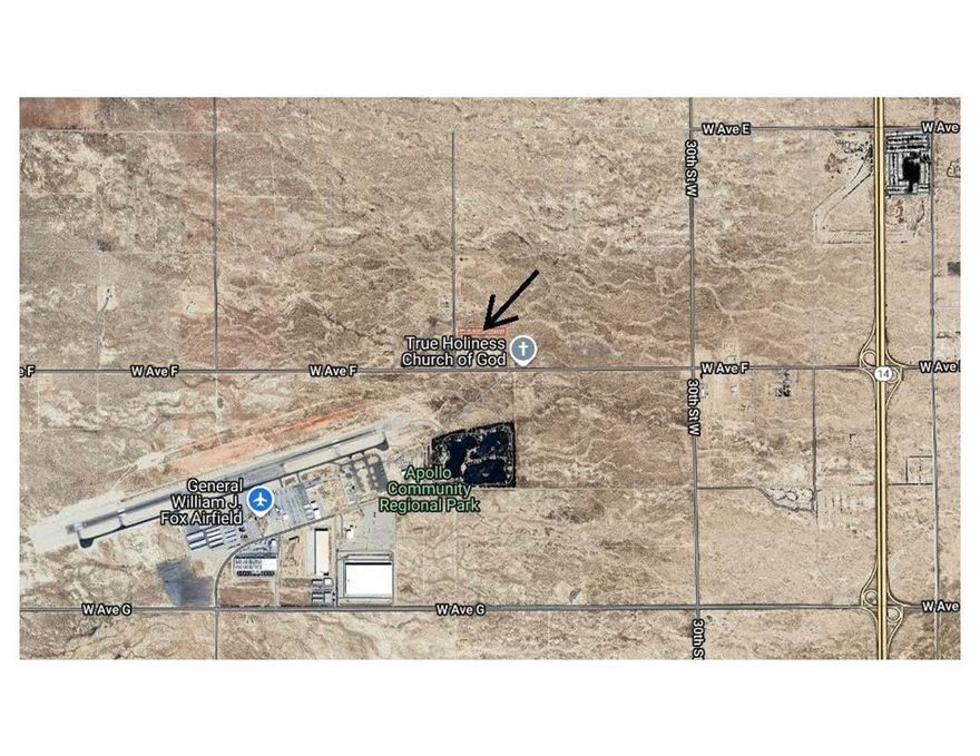 Wow, what an investment opportunity. West Lancaster just to the north of the William J Fox Airfield. This is the Antelope Valleys next big commercial / industrial development area. Avenue F is a major paved artery with north and south connections to the 14 Freeway. This property is just to the north of the developed property at 47644 40th St W.  Overhead power is across the street.