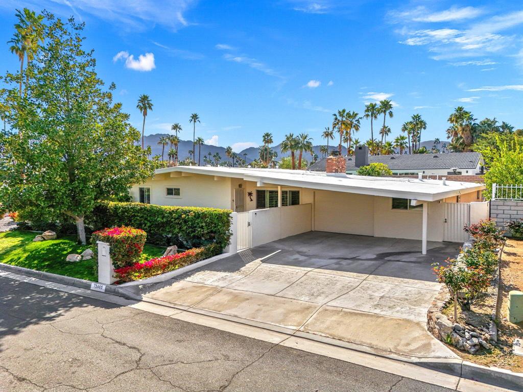 Welcome to this ultra-private, mid-century home in historic Silver Spur Ranch. Enter through the private, gated courtyard to the main residence which offers 2 generous sized bedrooms, 2 updated baths and a great open floor-plan. Upon entering you will note the beautiful wood-beamed ceilings and travertine flooring throughout. These stunning features are replicated in the large, detached casita (same roof-line). The luxurious casita with built-in entertainment center, walk-in closet and updated bath is the perfect retreat for guests or for multi-generational living. Designed for enjoying the outdoors, the lushly landscaped backyard offers a large covered patio area for entertaining along with a built-in barbeque and spa. Chase the sun, admire the stunning mountain views from every direction and enjoy the quiet serenity. This home has been lovingly maintained and is move-in ready. Located just 5 doors down from Ironwood Park, walking distance to The Living Desert and down the street from El Paseo's world-famous dining and shopping. Call today for a private showing of this very special property.