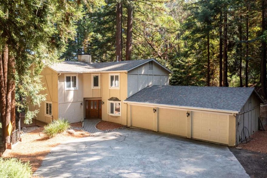 Sunlight in the RedwoodsA Los Gatos Mountain Retreat on 2+ Acres Breathe in the quiet. This 2.09Â±- acre beautiful property is framed by soaring redwoods where morning light filters through the canopy and evenings end in complete stillness. The ~2,638Â± sf residence offers 4 bedrooms and 2.5 baths, with a fireplace-centered living space, hardwood and carpet flooring, central A/C, and everyday comforts like an attached 3-car garage. Outside, entertain beneath the trees, wander the paths, or plan your next garden on generous usable land. Youre close to Hwy 17 for quick trips to Downtown Los Gatos and an easy coastal run to Santa Cruz. Schooling options include Award winning Loma Prieta Elementary, C.T. English Middle, and Los Gatos High. Mountain calm. Silicon Valley access. Welcome home.
