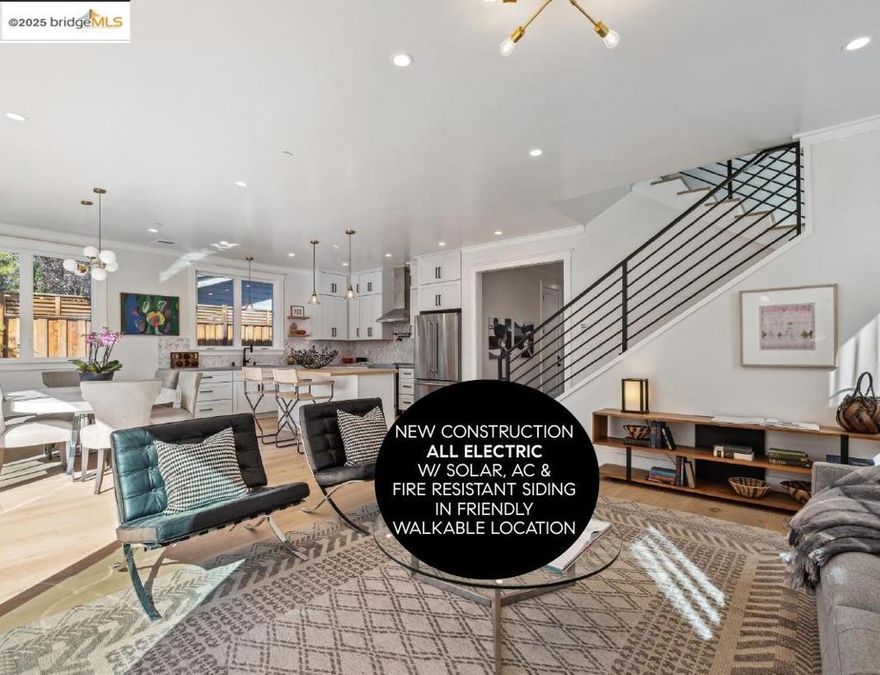 Transparent Price! Designed by J. Newton, newly built home blends farmhouse charm w/ California coastal aesthetics. Natural materials, neutral tones, & beachy textures create a modern yet relaxed feel. Signature details include shiplap siding & a playful "Weathered Moss" accent color. Tall ceilings, oversized windows, & open floor plan provides seamless indoor/outdoor living into a private yard. 4 bedrooms & 3 baths, w/ flexible downstairs bedroom/bath for guests. Upstairs, the primary suite features vaulted ceilings, ample closets, & an ensuite bath w/ a walk-in shower & dual vanities. A versatile loft can serve as a family room, workspace, reading nook or even possible 5th bedroom (Buyer to verify). The open kitchen/dining/living area features 16-ft. glass slider w/ indoor/outdoor flow to private patio. Kitchen w/ quartz countertops, SS appliances, farmhouse sink, butcher block island, & herringbone backsplash. Features: attached garage, tandem 2 car parking, side by side W/D, A/C with heat pump, fire sprinklers, EV charger setup, solar panels, & fire-resistant siding. Built to lastest seismic & Energy codes. People LOVE living in these homes. Prime West Berkeley location near 4th St. Shops, Berkeley Bowl, & a 7-min bike ride to N. Berkeley BART. Walk Score 89, Bike Score 99.