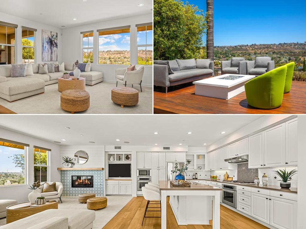 Model Perfect La Costa Greens Residence | Carlsbad Unified Schools | Panoramic views & sophisticated design | Full Bedroom and Bath Downstairs | 3 Car Tandem Garage | Chef’s kitchen: large center island, high-end stainless-steel appliances including KitchenAid and Bosch, dual ovens, and a gas cooktop. A custom-built media niche & fireplace in the family room - also La Cantina glass doors open to the rear-yard fireplace; perfect for entertaining. - Exceptional outdoor living: custom-built deck w/ fire feature w/ rare custom glass wall. An expansive backyard creates a perfect setting to relax or entertain while enjoying the sweeping views. - Upstairs: Primary suite w/ panoramic views and deck. *5th Bedroom currently used as office/media room. Spacious primary bath, soaking tub & walk-in shower | walk-in cedar-lined closet w/ built-ins. - 3-car tandem garage | Solar System | Tesla charger | Upgraded secondary bathroom with newly replaced tile | fresh interior paint | Cat-5 wiring | Community Amenities: Presidio clubhouse, tennis courts, pickleball, Olympic-sized pool, gym, and recreational center. Conveniently located near Alga Norte Park, top-rated schools, Bressi Ranch Village, and just minutes to best beaches in Carlsbad.