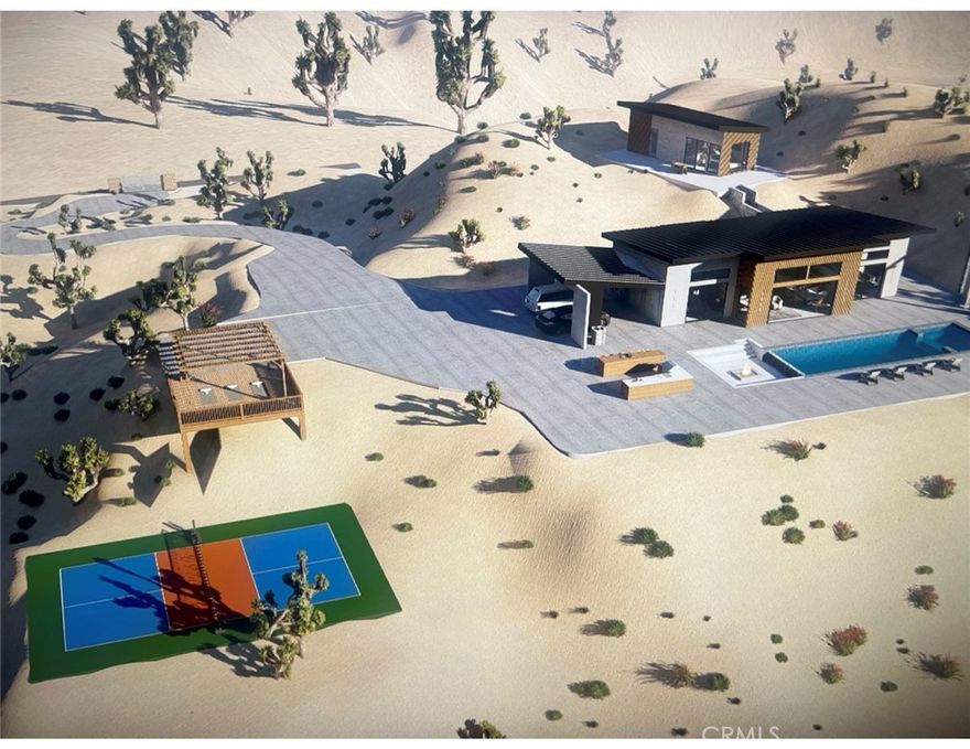 Rare Custom Hilltop Luxury Retreat – Yucca Valley, CA

$2,499,000 | 3 Beds | 3.5 Baths | 1,976 Sq Ft | 2.44 Acres | Guest House | Pool | Pickleball

Court | 2 EV Chargers

Incredible opportunity to own a rare, private luxury retreat in Yucca Valley with unmatched

views and resort-style amenities. This 3-bed, 3.5-bath custom home sits on 2.44 secluded acres

with a guest house, infinity-edge pool that cascades into a massive in-ground fire-pit, A

unique 12-ft poolside waterfall shower, a private outside off-suite couples tub with separate

shower for an under the stars experience.

Enjoy a private pickle ball court, an amazingly large outdoor kitchen, an over-the-ledge yoga

deck, and 2 EV chargers. Many windows throughout will bring in all natural light and

panoramic views from every room. Interior features include Wolf appliances, custom

cabinetry, polished concrete floors, and 10–14 ft sloped ceilings.

Plans are APPROVED and builder is ready to start construction . Buyer can still choose

stone, tiles, colors, finishes, and more to make it your very own custom luxury hill top retreat.

Located just a short drive from Joshua Tree National Park, Pioneertown, Palm Springs, and

Big Bear, this is one of Yucca Valley’s most exclusive luxury offerings EVER!

Developed and offered by a California licensed Real Estate Broker who is also a licensed

California General Contractor. This project blends expert construction with thoughtful,

high-end design. Disclaimer: All photos and videos, including interior and exterior

renderings, colors, materials, lifestyle imagery, and location content, are for visual

representation purposes only. They are conceptual in nature and should not be considered

exact depictions of final design, layout, or construction. Final features, finishes, and

configurations may vary. This listing is intended to represent the overall vision for development.