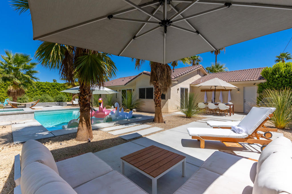 Welcome to this stunning three bedroom, two bathroom resort-style home in the Racquet Club neighborhood of Palm Springs. This indoor/outdoor oasis boasts views of the San Jacinto Mountains, and includes 1,399 SF of modern living space, an updated kitchen and bathrooms and easy access to outdoor areas. The backyard features multiple lounging areas, a pool and spa, fire pit, and gas grill. This spectacular home is strategically located just minutes from the airport and downtown, as well as within a convenient 7-minute walk to the Sunrise Square shopping center, where grocery stores, coffee shops, and restaurants await. With such prime positioning, your stay here not only promises luxury but also unparalleled convenience and comfort. This home currently has an active STR permit with good rental history and would make an ideal seasonal or part-time rental if not being used as an idyllic full time residence. Reach out for more information or if you'd like to schedule a private tour.