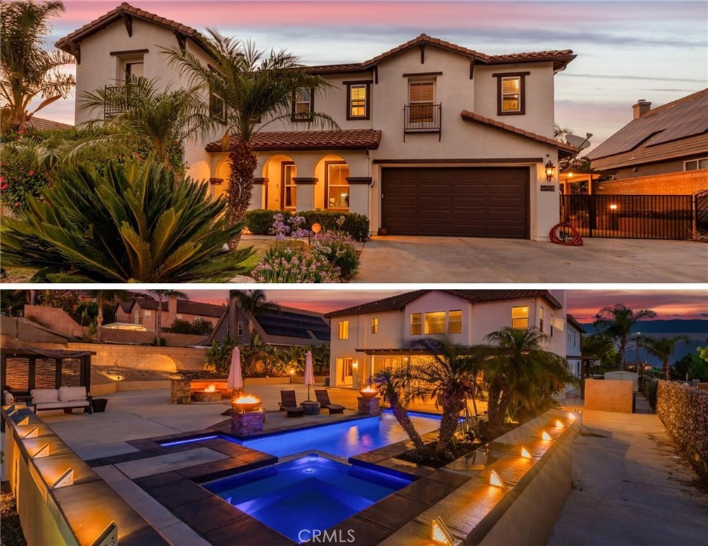 STUNNING Norco Hills Estate DIRECTLY ON Hidden Valley GOLF COURSE with Sunset Views & Resort-Style Backyard. Welcome to this elegant estate in sought-after Norco Hills. Perfectly positioned on the Hidden Valley Golf Course with breathtaking sunset and fairway views. This custom-designed home combines timeless style with modern luxury and incredible indoor-outdoor living. From the moment you arrive, you'll be captivated by the grand entryway featuring custom wrought iron double doors and a dramatic iron spiral staircase. The spacious layout includes a downstairs bedroom and full bathroom, ideal for in-law quarters or extra space, plus a half bath for guests. The formal dining room is perfect for hosting large gatherings and includes a built-in wine cellar for the wine enthusiast. The expansive gourmet kitchen overlooks your resort backyard and is designed to impress, featuring an abundance of cabinetry, stainless steel appliances, granite counter-tops a large center island, and a breakfast bar that opens to the family room—ideal for everyday living and entertaining. Upstairs, you'll find three oversized guest bedrooms, each with its own private bathroom. The primary suite is a private retreat offering sunset & golf course views, a cozy bonus room that can be used as a reading nook or sitting area, and a luxurious en-suite bathroom with: a massive walk-in shower, separate soaking tub, dual vanities with separate sinks and makeup area, an enormous walk-in closet with built-in organizers. Leased solar is perfect to keep the electric bill reduced. Step outside to your resort-style backyard, designed for relaxation and entertainment. The outdoor space features, 3 Alumawood patios for shaded lounging. A gorgeous saltwater pebble tech pool and spa with stunning waterfall features two fire pits built into the pool pillar, built-in gas fireplace with generous seating area. The outdoor lighting is stunning and you will love this luxurious backyard. Enjoy multiple entertaining zones perfect for adding a stage, outdoor dining, games, or a custom BBQ area. Animal lovers will appreciate the space for horses, goats, or chickens, while the golf course views offer privacy and scenic tranquility. Enjoy direct access to the community’s horse trails and nearby hiking paths, including the iconic Pumpkin Rock Trailhead. This exceptional home offers luxury, comfort, and the ultimate lifestyle all in a peaceful, picturesque setting & one-of-a-kind Norco Hills masterpiece!