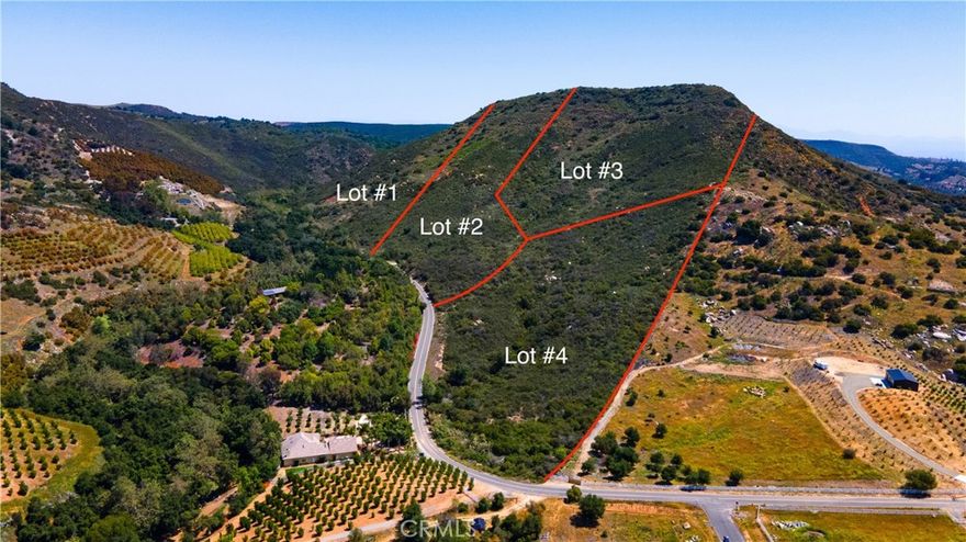 4 Parcels sold separate or together. Escape the ordinary and find your freedom in De Luz—Temecula’s hidden gem known for its rolling hills, ocean breezes, and peaceful, rural charm. Tucked among luxury estates, vineyards, and avocado groves, this is the perfect backdrop for your dream home, hobby farm, or private retreat. Located just a short drive from SoCal’s top wine country and within reach of both San Diego and Orange County, De Luz offers a rare blend of quiet seclusion and convenient access to city life. You have the option to purchase one, several, or all four neighboring parcels—each offering expansive acreage and endless potential: Lot #1: 12.54 acres offered at $199,000. Lot #2: 9.29 acres offered at $199,000. Lot #3: 14.17 acres offered at $209,000. Lot #4: 9.11 acres offered at $189,000. All 4 Lots Together: 45.11 acres for a total of $779,000. Whether you're dreaming of wide-open space, planning an agricultural venture, or just want to build your forever home in a setting that feels worlds away, this land offers the space and freedom to make it real.