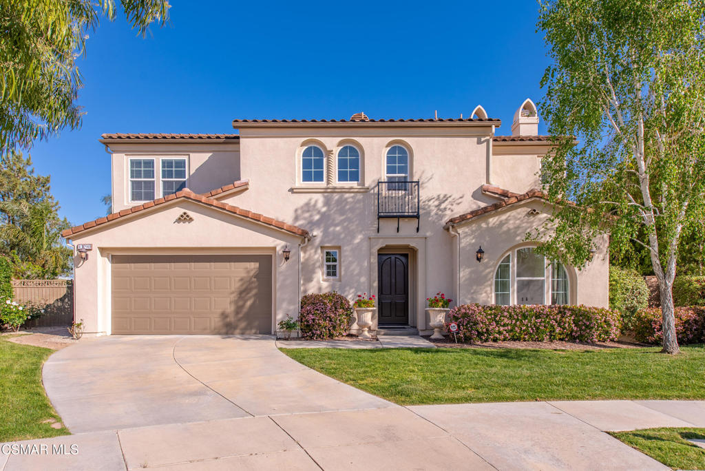 Exceptional Value, Luxury, Privacy & Breathtaking Views in Meridian Hills!Welcome to your dream home in the prestigious gated community of Meridian Hills--nestled at the end of a peaceful cul-de-sac and designed for elegant living and effortless entertaining! This beautifully maintained 5-bedroom, 5.5-bathroom estate offers 4,293 square feet of thoughtfully designed living space on an amazing expansive lot with stunning mountain views--perfectly suited for the possibility of a future dream pool & outdoor oasis. From the moment you enter, you'll be captivated by the dramatic sweeping staircase, soaring ceilings, and gleaming newly polished travertine floors. The open and airy layout features a formal living room with an elegant gas fireplace, a spacious formal dining room, and a serene private courtyard--ideal for relaxing or entertaining.The gourmet kitchen is a chef's delight, boasting top-of-the-line JennAir stainless steel appliances including double ovens, newer dishwasher, elegant granite countertops, ample drawers & cabinets, an oversized island, breakfast nook, walk-in pantry, and a convenient butler's pantry. The adjacent family room is filled with natural light and includes a second fireplace, custom media niche, and newer ceiling fan.A private bedroom with en-suite bath, separate office, and powder room are also located on the main level--ideal for guests or multigenerational living. Upstairs, retreat to your secluded primary suite featuring a separate serenity area with a romantic fireplace, panoramic views, and a luxurious spa-style bathroom with his & her vanities, soaking tub, separate glass-enclosed shower, and a massive walk-in closet.Three additional spacious bedrooms--each with their own private bath are also located upstairs, along with a convenient laundry room and a versatile loft, perfect for an additional sitting area, playroom or teen lounge.Step outside to your entertainer's backyard, where you'll enjoy multiple seating areas, a built-in outdoor kitchen with bar seating, separate BBQ area, a cozy gas fire pit, and a variety of fruit trees--all set against a backdrop of California sunshine, mountain views and breathtaking sunsets!Additional features include:Fresh interior and exterior paint, Dual-zone HVAC, NEST system, RING security camera system, Upgraded Shaw luxury flooring, Dual pane windows & doors, Newer water heater, and 3-car garage.As a resident of Meridian Hills, enjoy access to premium amenities including a resort-style community pool and spa, clubhouse, playground, tennis/pickleball courts, basketball court, and more. Conveniently located near top-rated schools, Moorpark Country Club, hiking trails, dining, and shopping.Experience refined living in one of Moorpark's most sought-after communities. Schedule your private tour today!***Photographs are virtually staged***