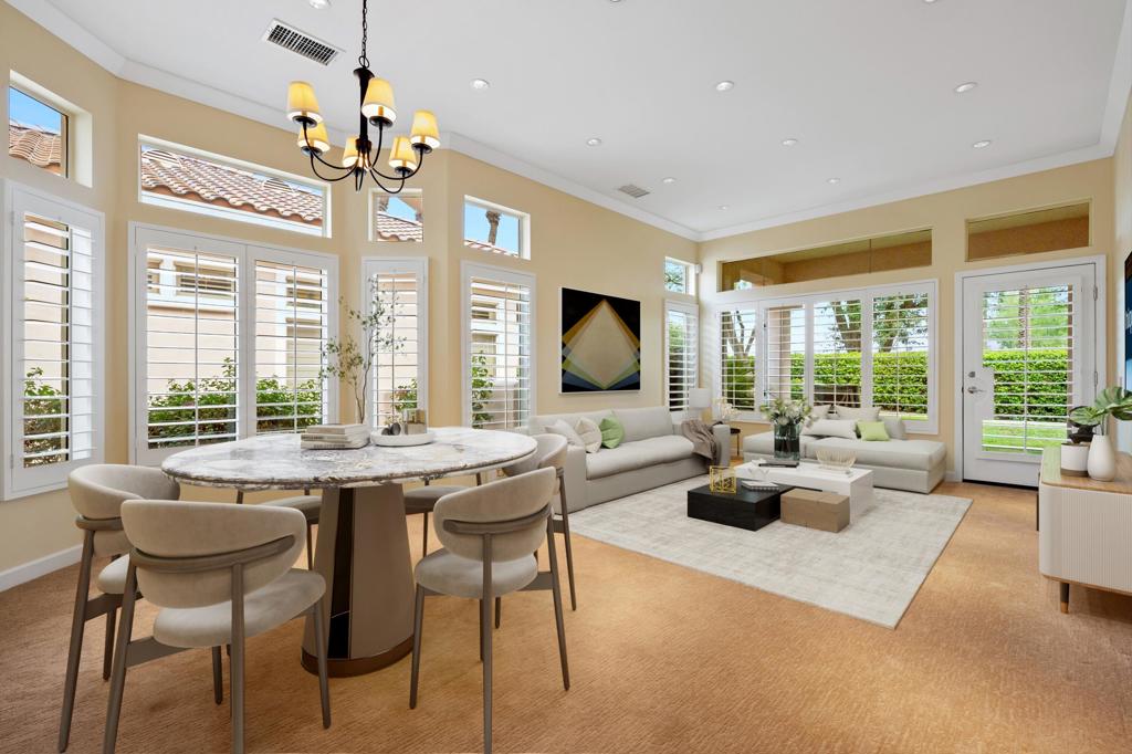 37672 Breeze Way is quite possibly the nicest Villa in all of Sun City Palm Desert. This unique and recently remodeled one bedroom, one bathroom home boasts a custom layout that has been thoughtfully reimagined and redesigned to maximize space, comfort, and convenience. This home has been meticulously maintained and it shows. There are 10 foot ceilings offering plenty of natural light through the many transom windows and custom shutters, plus there are two solar tubes (one in the laundry room and one in the garage). Some of the special features that make this home stand out are; a large primary bedroom with two closets (one a walk-in closet with California Closet system), high quality, stylish, and thoughtful upgrades to the recently remodeled bathroom featuring a large tiled walk-in shower, the addition of a linen closet, & double side by side sinks. There are wood look porcelain tile flooring in the kitchen, bathroom, and laundry rooms, an owned soft water system, custom baseboards, custom recessed lighting throughout, California Closet Systems throughout, custom crown moldings, custom closet organizers, a solar powered attic ventilation fan, porcelain tile flooring, commercial grade carpeting, newer HVAC system, updated cabinetry in the kitchen, bathroom, & laundry areas, a security system, and a newer hot water heater. Outdoors you will find beautifully landscaped front and back yards featuring tiled, private front and rear patio areas with plenty of room to relax and enjoy. Another bonus is the inclusion of all appliances (newer washer, dryer and refrigerator). This home is located just a short distance to the Mountain View Clubhouse. Sun City Palm Desert is a 55+ guard gated community with 24/7 roving security, two 18 hole golf courses, 3 clubhouses, multiple dining venues, 25 lakes and waterfalls, 20 pickle ball & tennis courts, 8 bocce courts, 2 fenced dog parks, 5 heated swimming pools & spas, miles of bike & jogging paths, and two state-of-the-art fitness centers including one with an indoor walking track. Some of the photos include virtual staging. HOA dues are billed quarterly at $1,936.50 and includes front and back yard landscaping, cable, internet, pest control service, and use of all amenities except golf which is an additional fee. There is an HOA Replenishment Fee to be paid by the Buyer at the close of escrow in the amount of $2,652. Call today to schedule your showing to see this outstanding home.